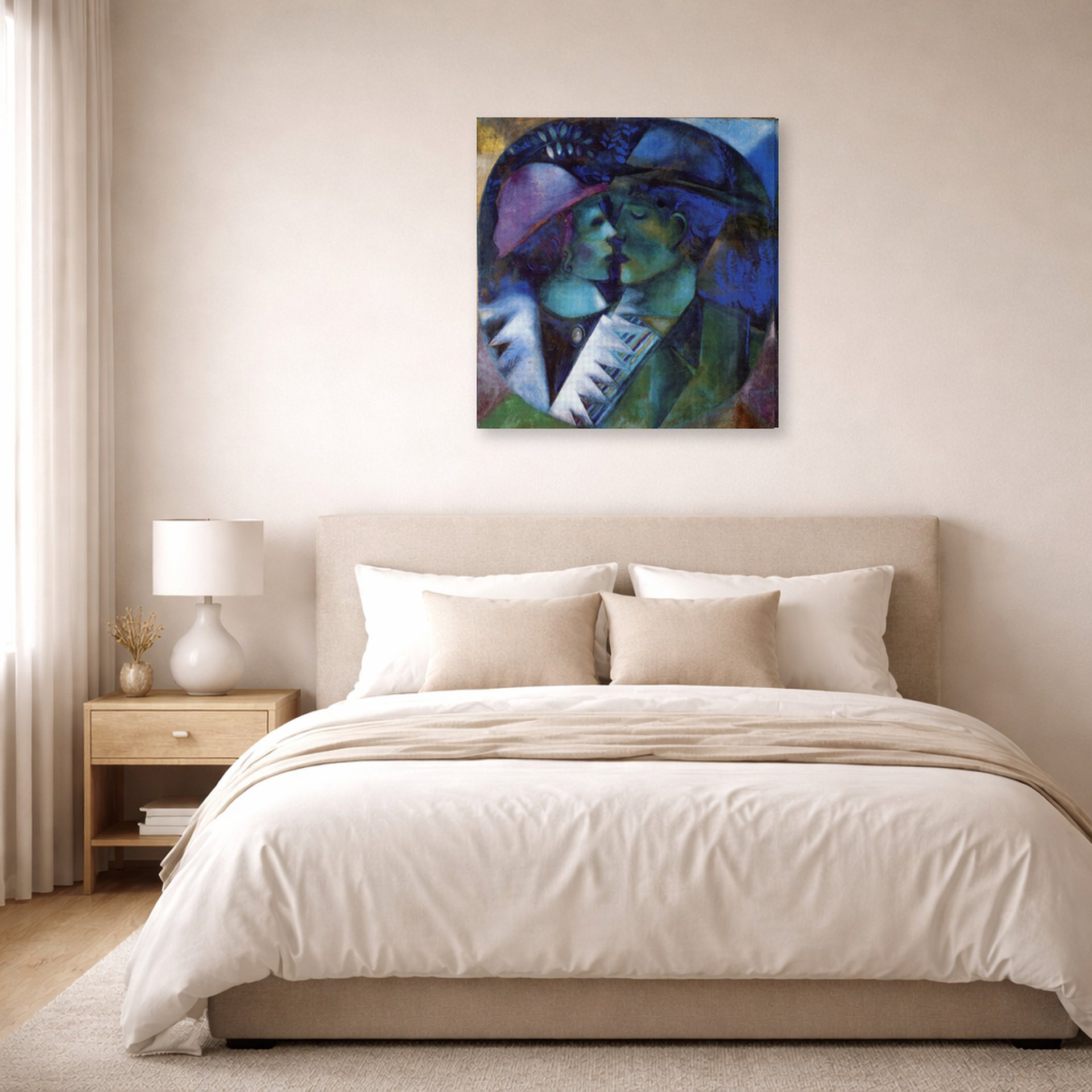 Gallery-wrapped canvas print of Marc Chagall's Green Lovers displayed on a wall in a bedroom