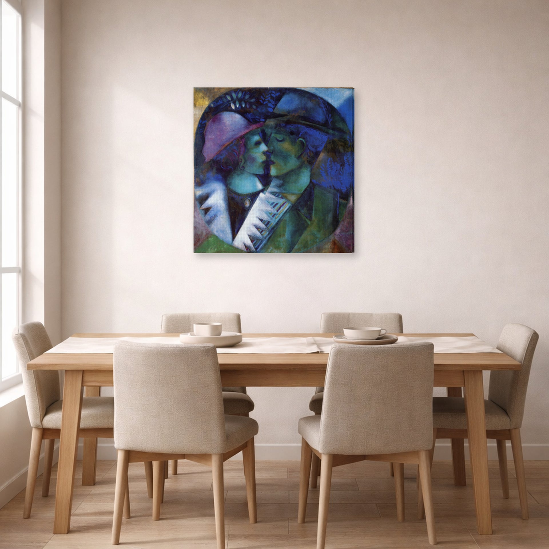Gallery-wrapped canvas print of Marc Chagall's Green Lovers displayed on a wall in a dining room