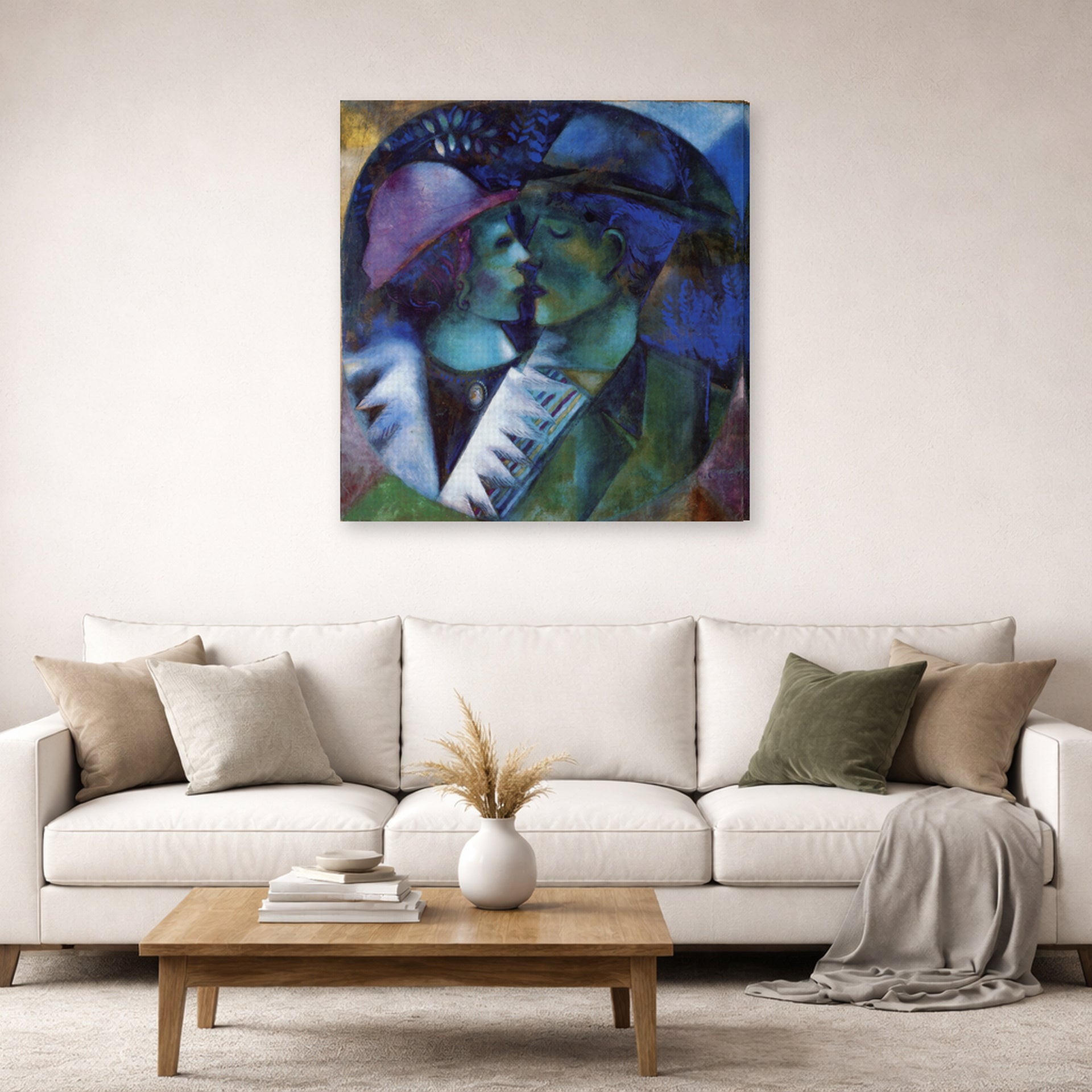 Gallery-wrapped canvas print of Marc Chagall's Green Lovers displayed on a wall in a living room