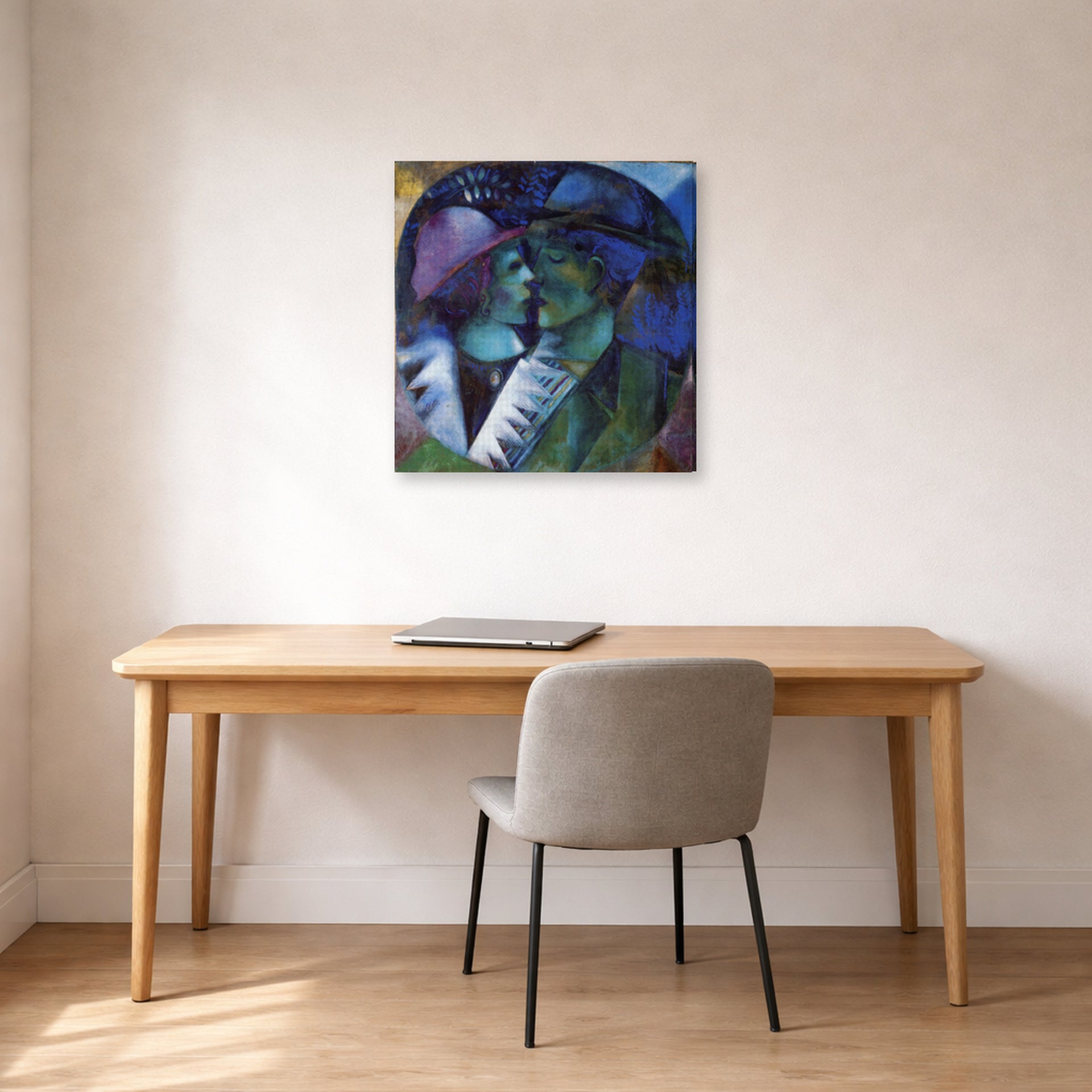 Gallery-wrapped canvas print of Marc Chagall's Green Lovers displayed on a wall in an office