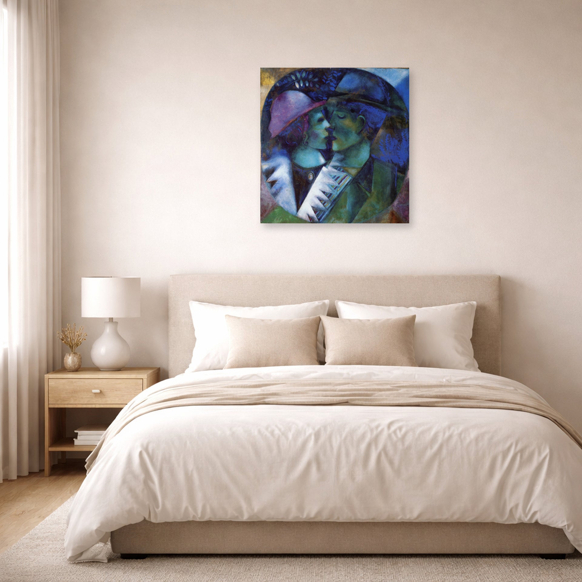 Unframed poster print of Marc Chagall's Green Lovers displayed on a wall in a bedroom