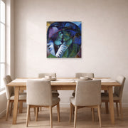 Unframed poster print of Marc Chagall's Green Lovers displayed on a wall in a dining room
