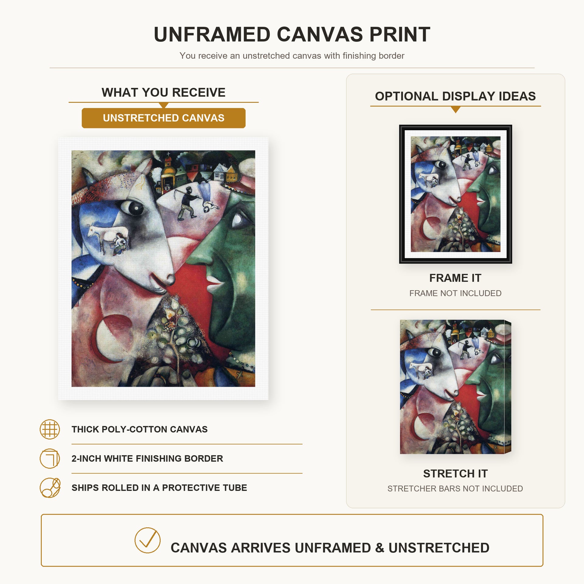 Marc Chagall - I and the Village canvas print size comparison and framing display infographic