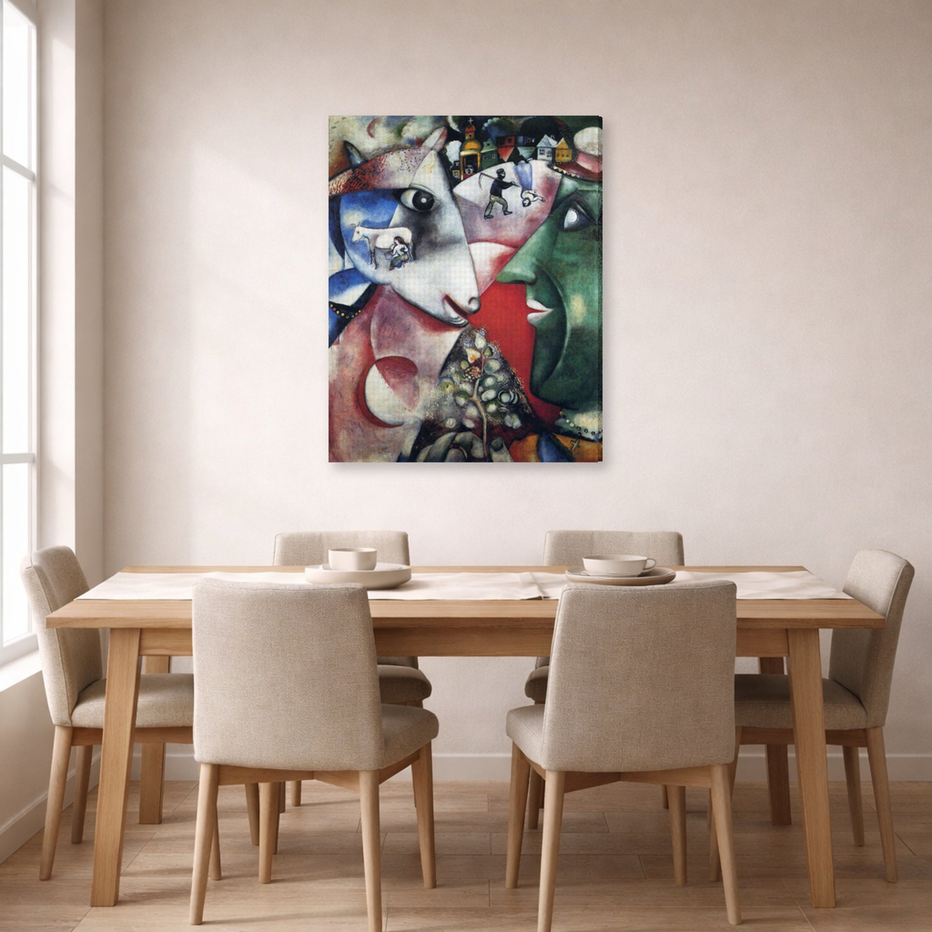 Gallery-wrapped canvas print of Marc Chagall's I and the Village displayed on a wall in a dining room