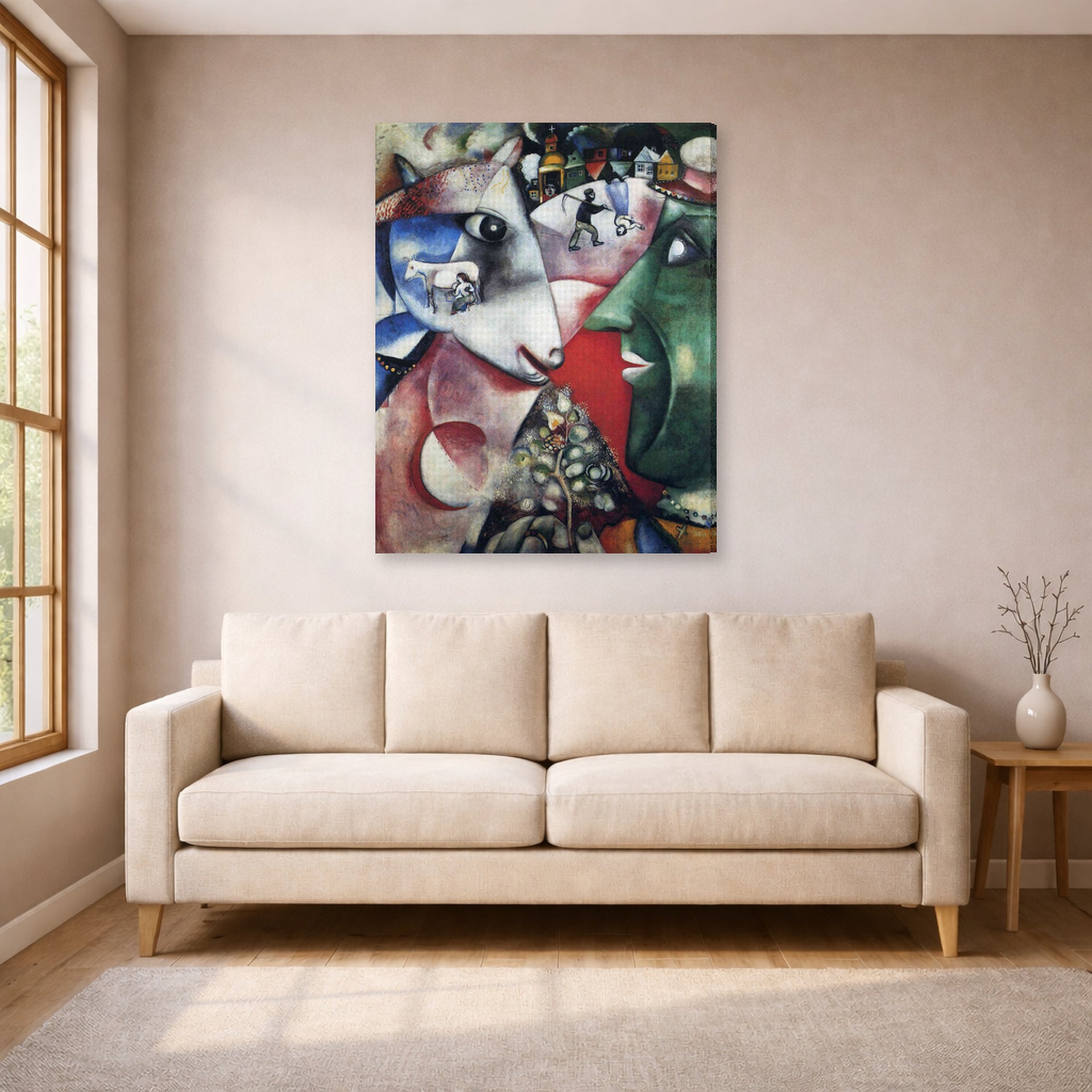 Gallery-wrapped canvas print of Marc Chagall's I and the Village displayed on a wall in a living room