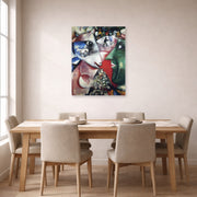 Unframed poster print of Marc Chagall's I and the Village displayed on a wall in a dining room