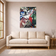 Unframed poster print of Marc Chagall's I and the Village displayed on a wall in a living room