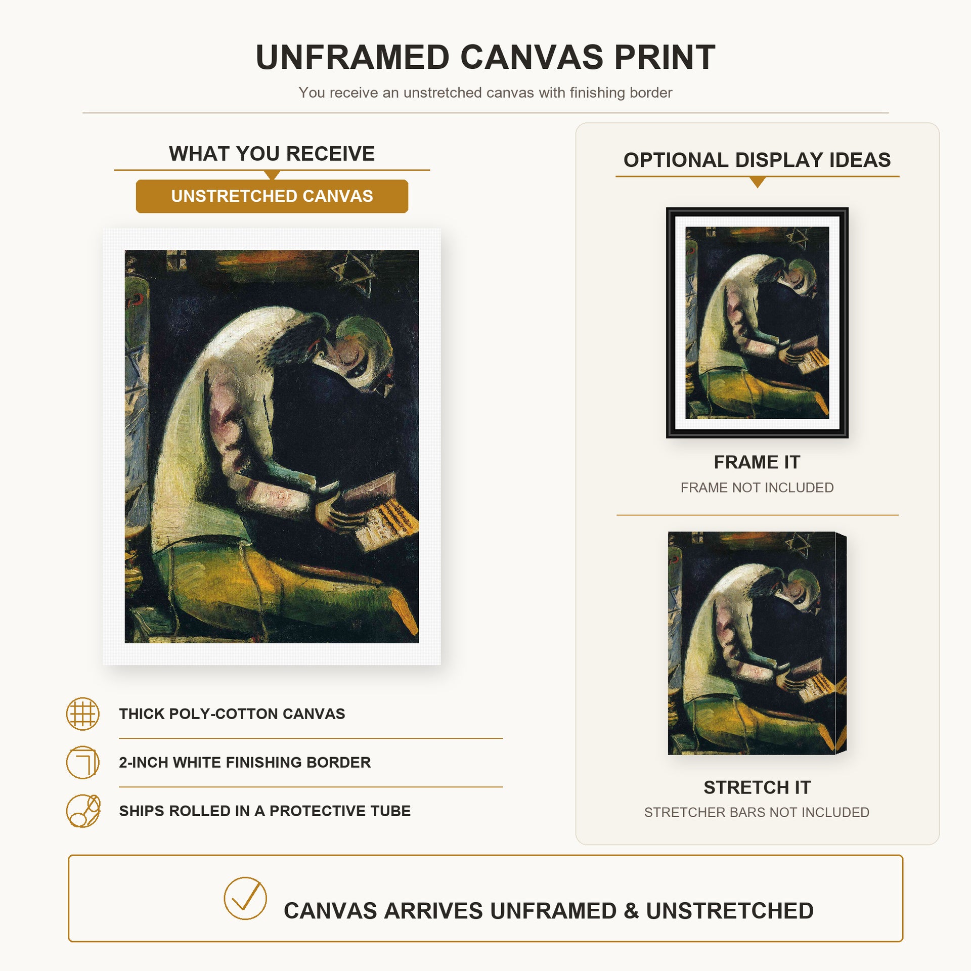 Marc Chagall - Jew at Prayer canvas print size comparison and framing display infographic