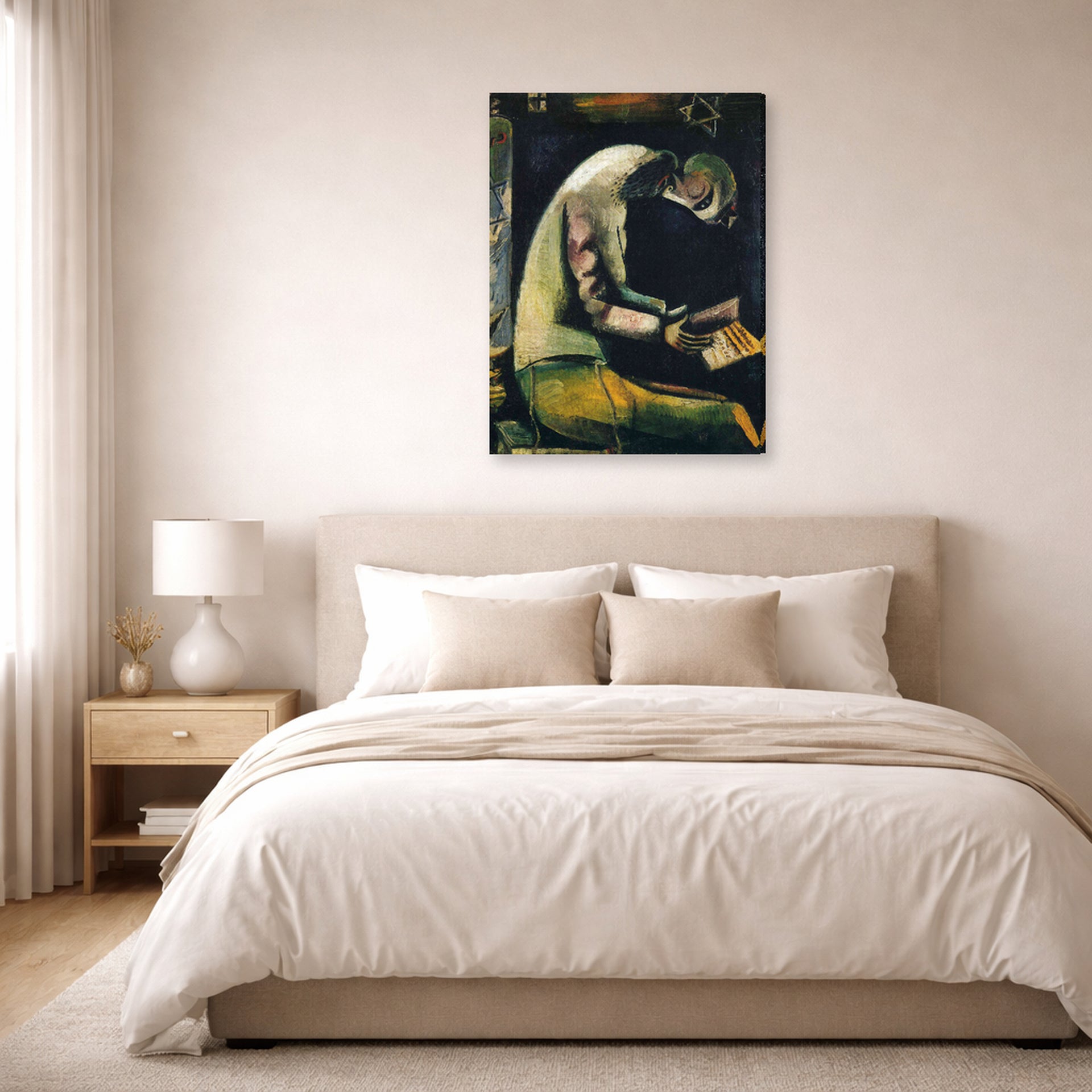 Gallery-wrapped canvas print of Marc Chagall's Jew at Prayer displayed on a wall in a bedroom
