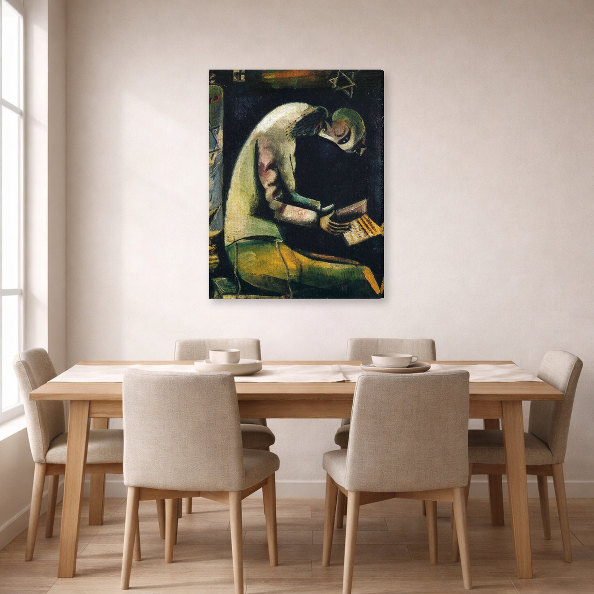 Gallery-wrapped canvas print of Marc Chagall's Jew at Prayer displayed on a wall in a dining room