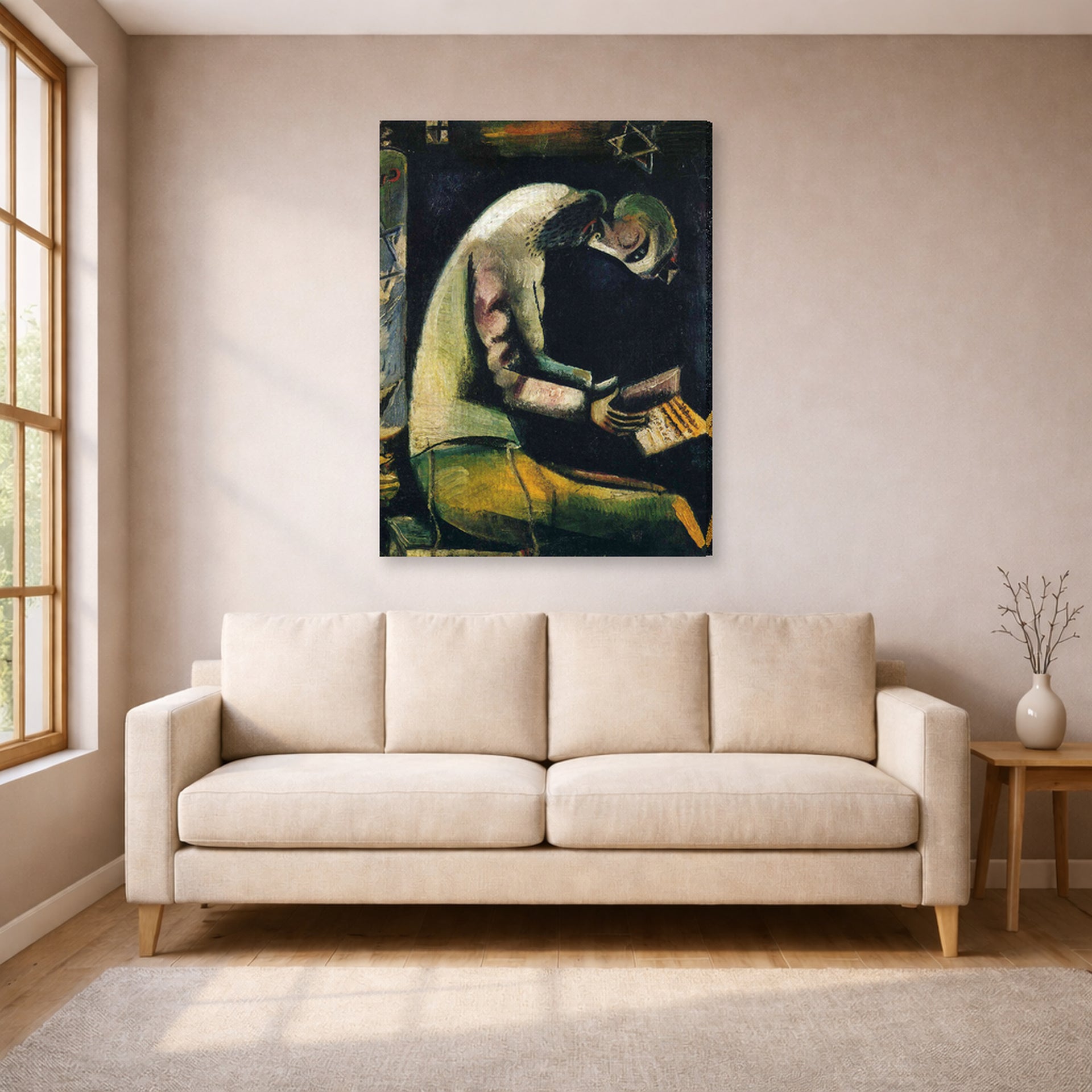 Gallery-wrapped canvas print of Marc Chagall's Jew at Prayer displayed on a wall in a living room