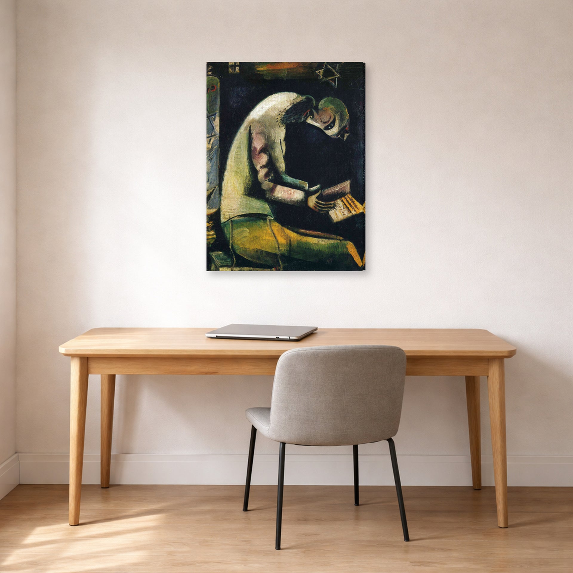 Gallery-wrapped canvas print of Marc Chagall's Jew at Prayer displayed on a wall in an office