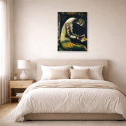 Unframed poster print of Marc Chagall's Jew at Prayer displayed on a wall in a bedroom