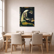 Unframed poster print of Marc Chagall's Jew at Prayer displayed on a wall in a dining room