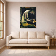 Unframed poster print of Marc Chagall's Jew at Prayer displayed on a wall in a living room