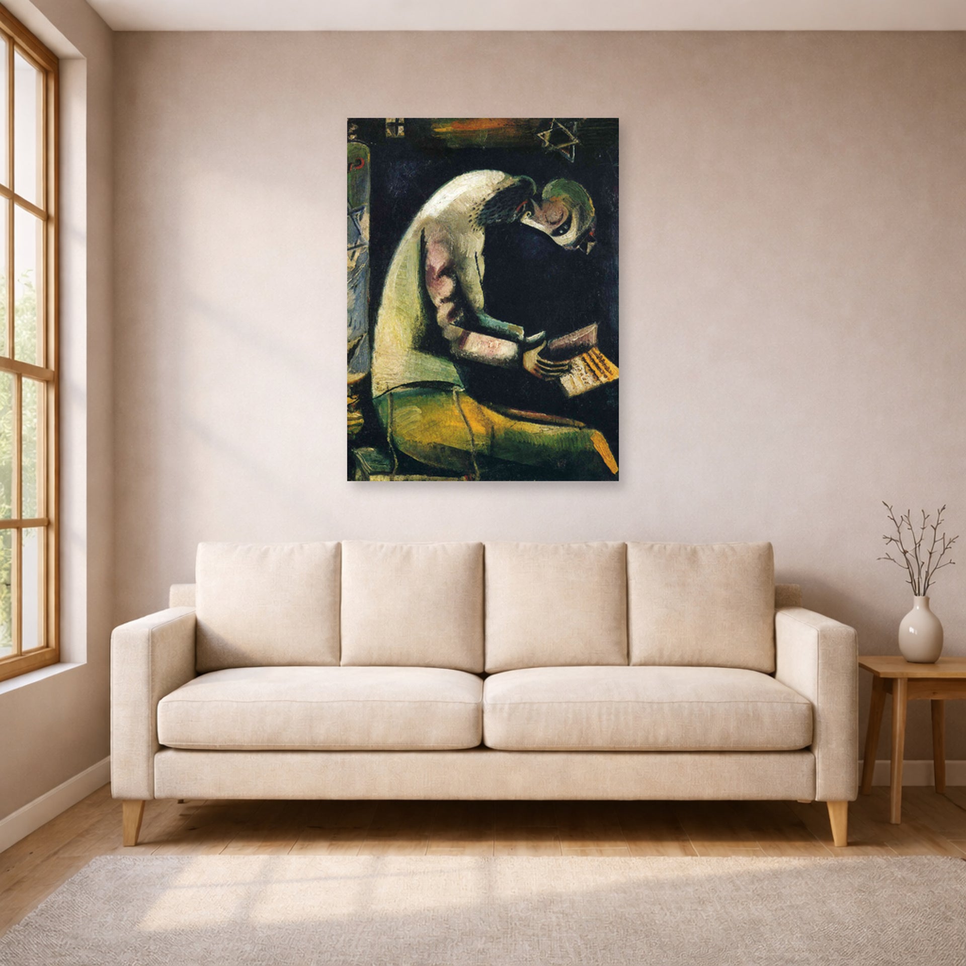 Unframed poster print of Marc Chagall's Jew at Prayer displayed on a wall in a living room