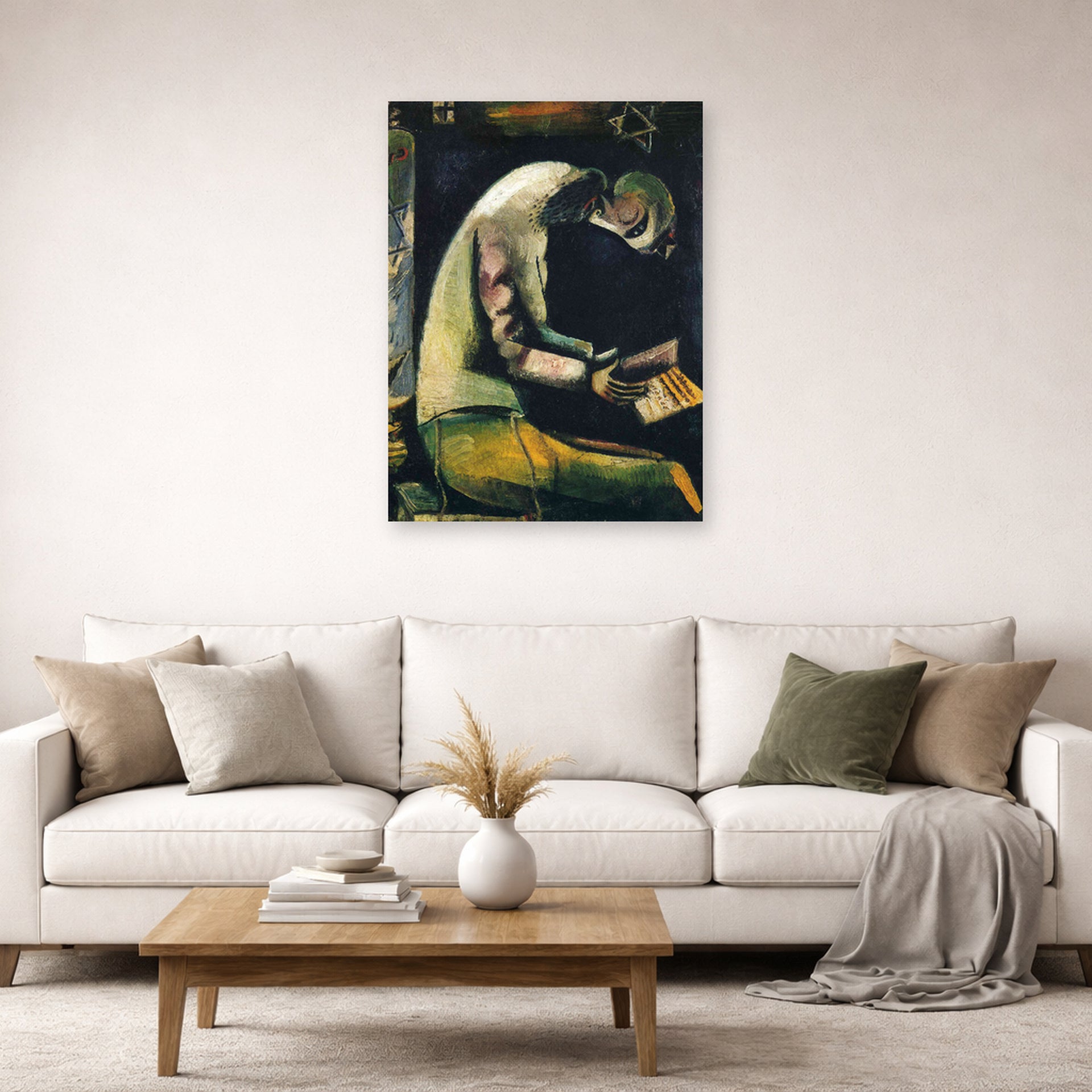 Unframed poster print of Marc Chagall's Jew at Prayer displayed on a wall in a living room