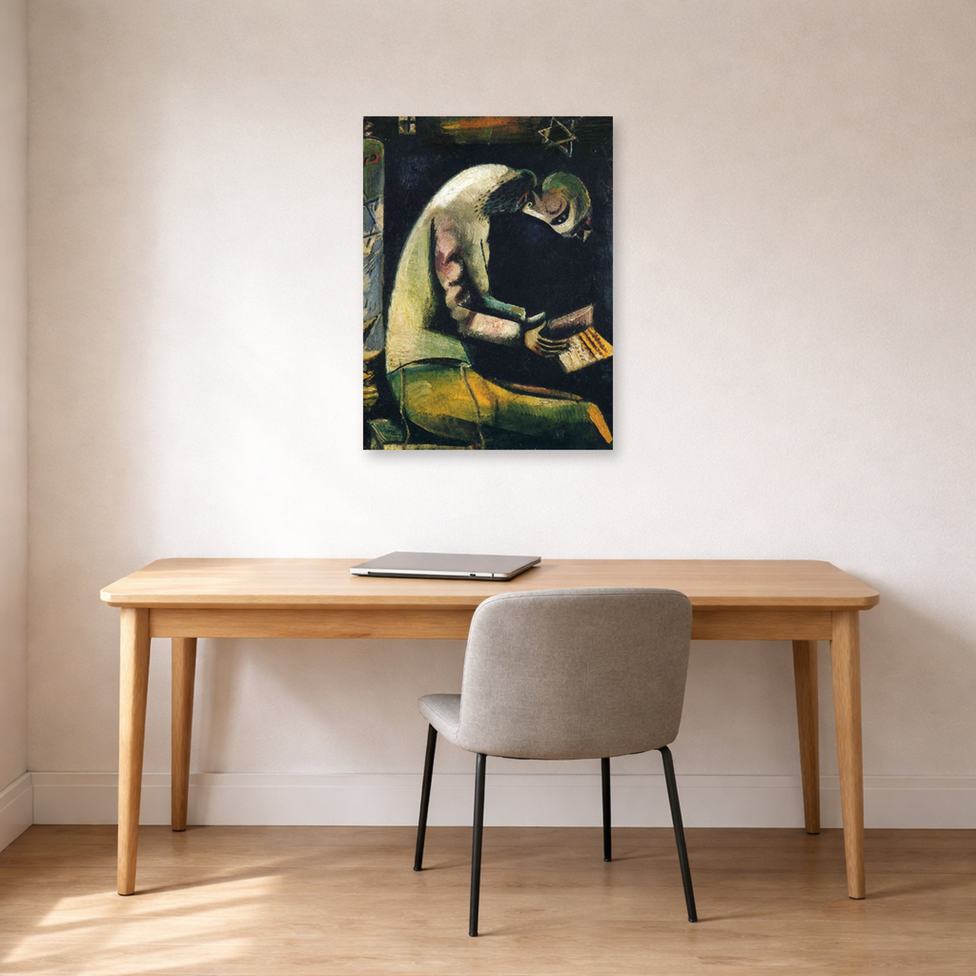 Unframed poster print of Marc Chagall's Jew at Prayer displayed on a wall in an office