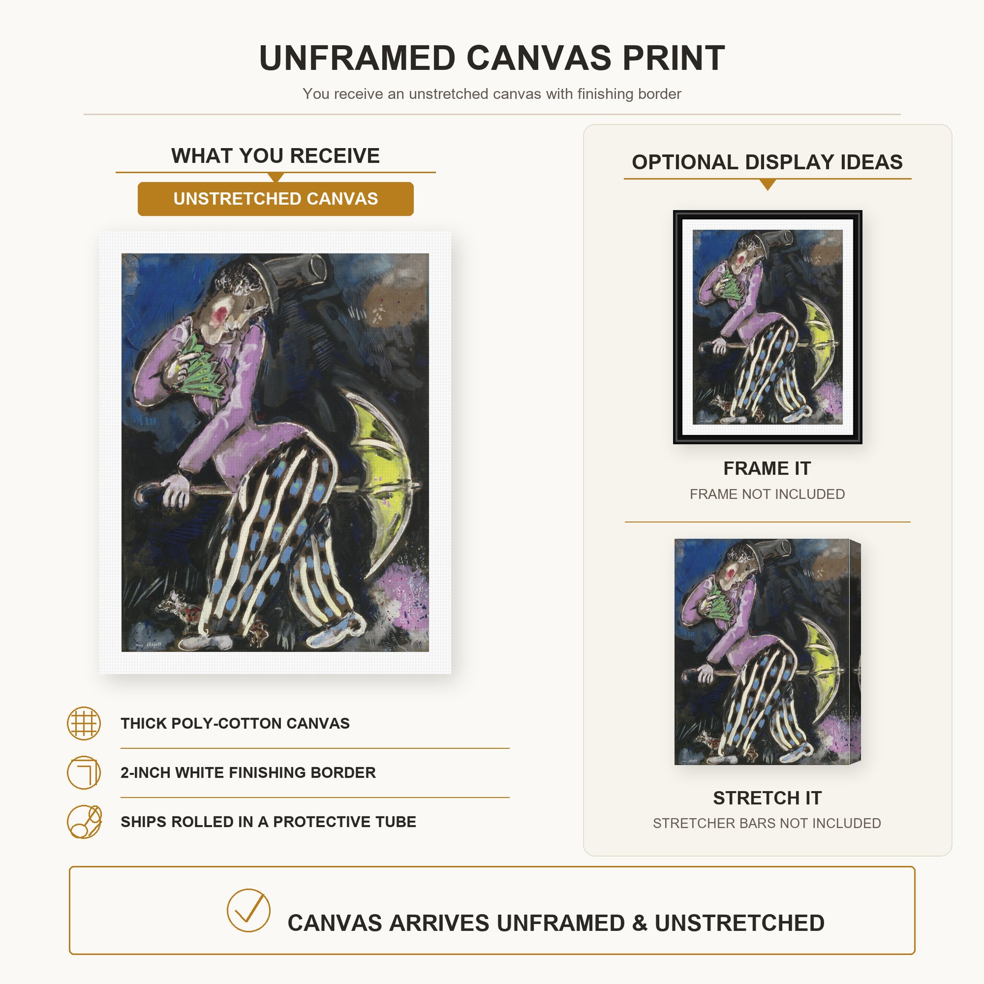 Marc Chagall - L'Homme Au Parapluie canvas print size comparison and framing display infographic