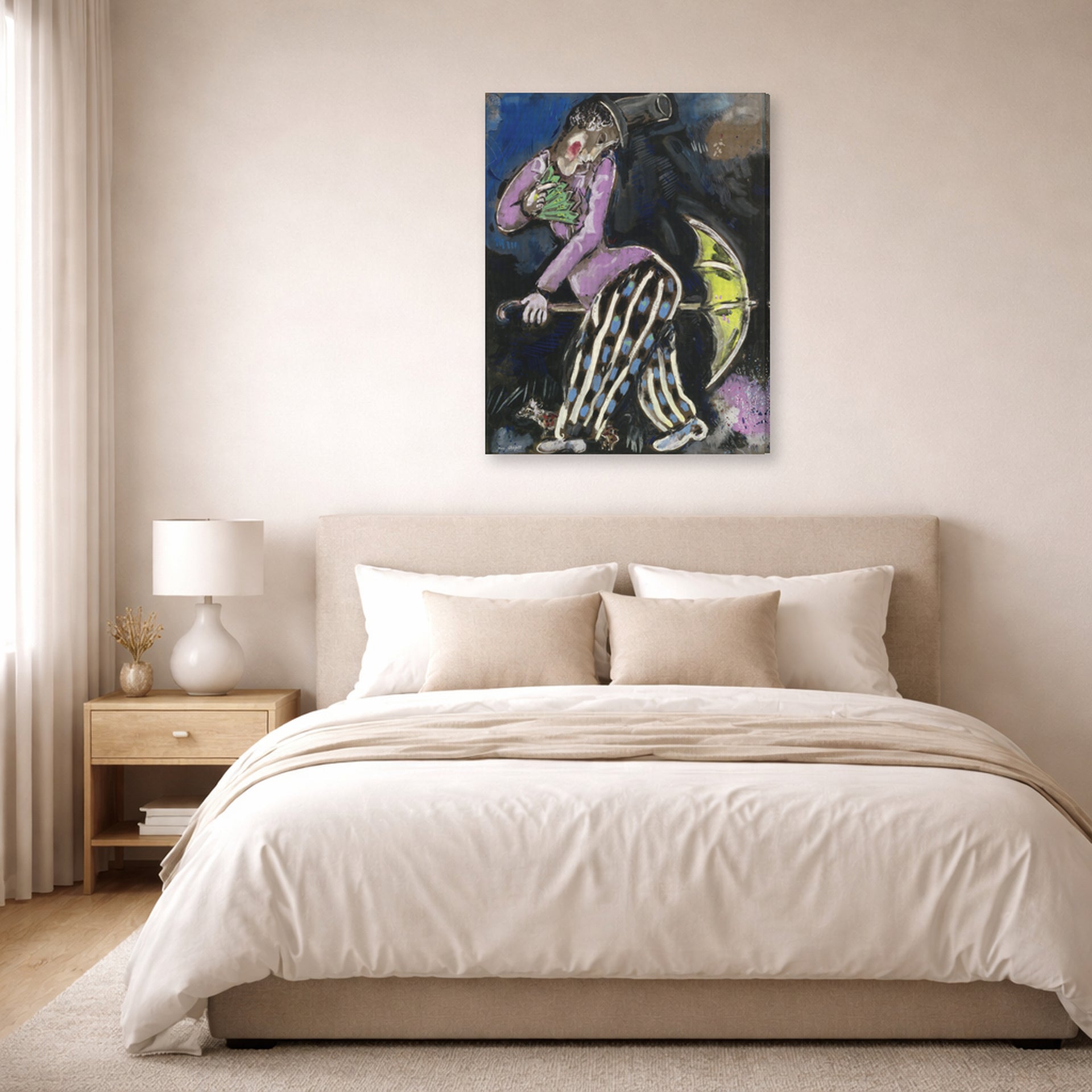 Gallery-wrapped canvas print of Marc Chagall's L'Homme Au Parapluie displayed on a wall in a bedroom