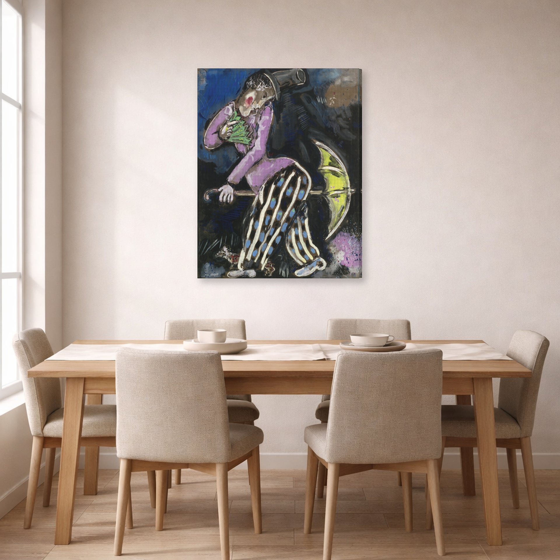 Gallery-wrapped canvas print of Marc Chagall's L'Homme Au Parapluie displayed on a wall in a dining room