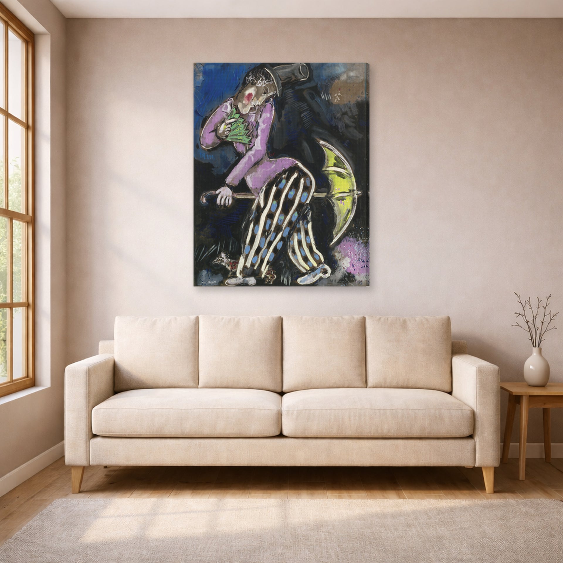 Gallery-wrapped canvas print of Marc Chagall's L'Homme Au Parapluie displayed on a wall in a living room