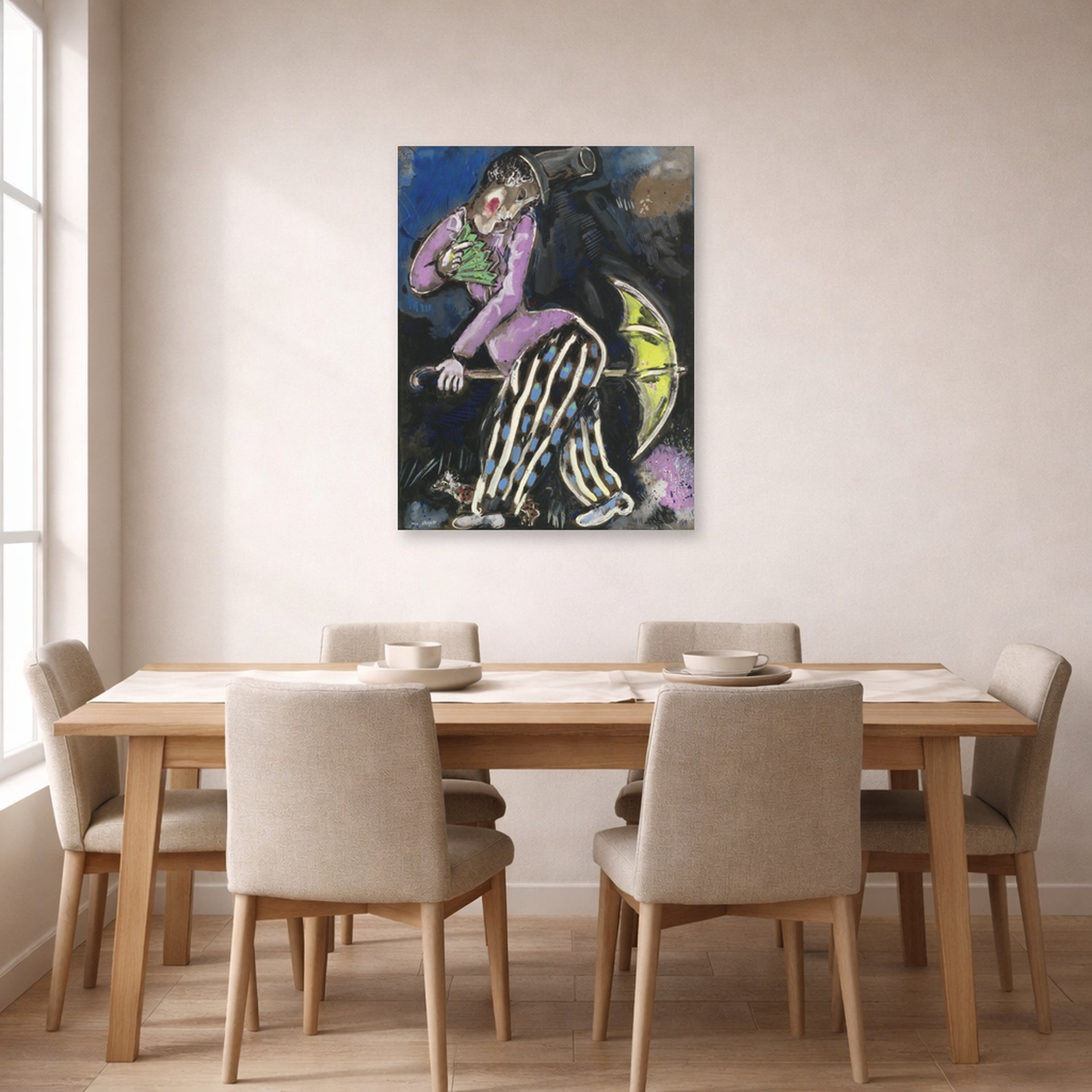 Unframed poster print of Marc Chagall's L'Homme Au Parapluie displayed on a wall in a dining room