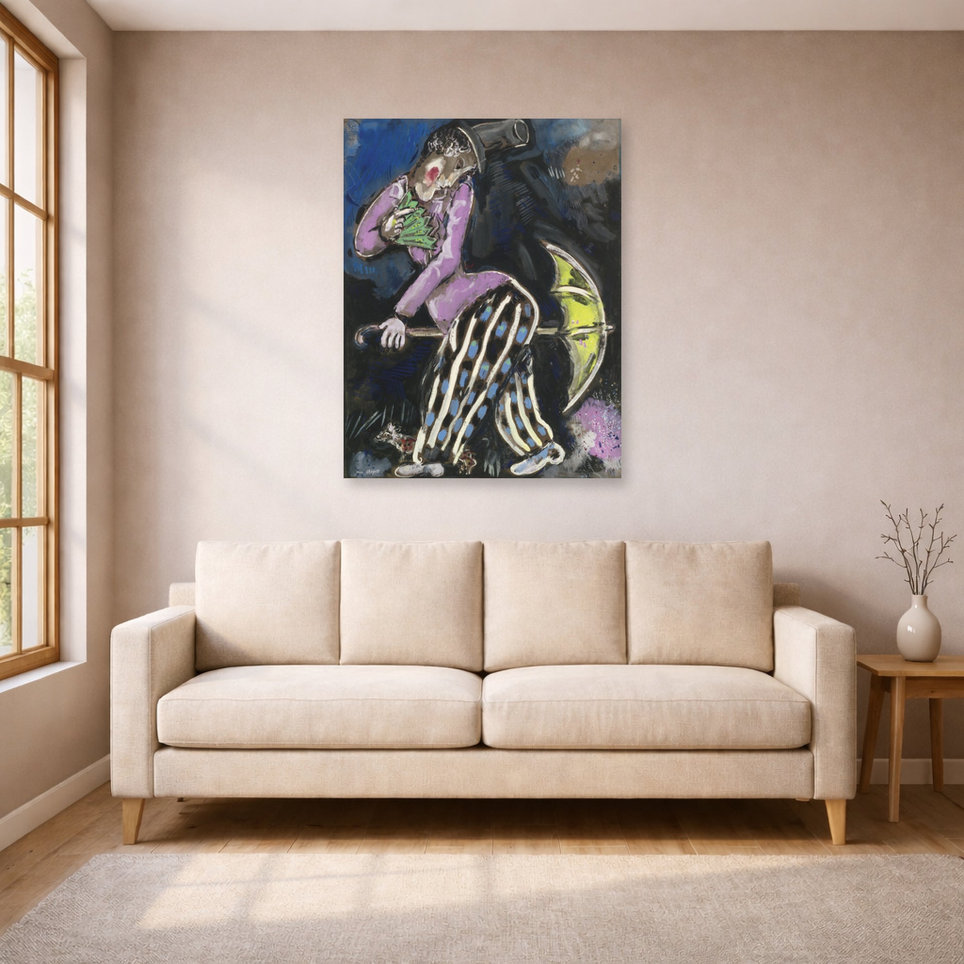 Unframed poster print of Marc Chagall's L'Homme Au Parapluie displayed on a wall in a living room