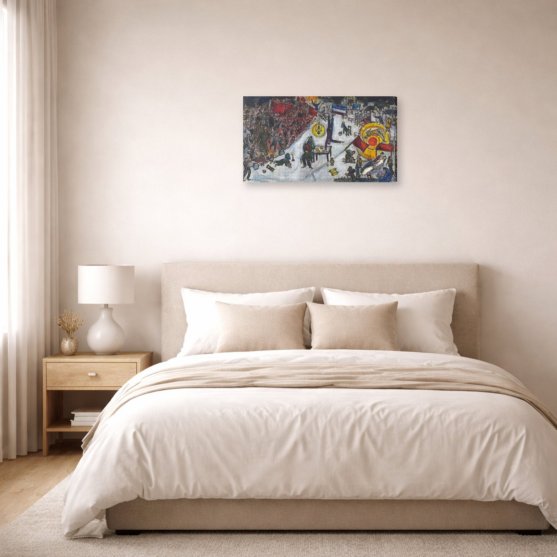 Gallery-wrapped canvas print of Marc Chagall's La Revolotion displayed on a wall in a bedroom