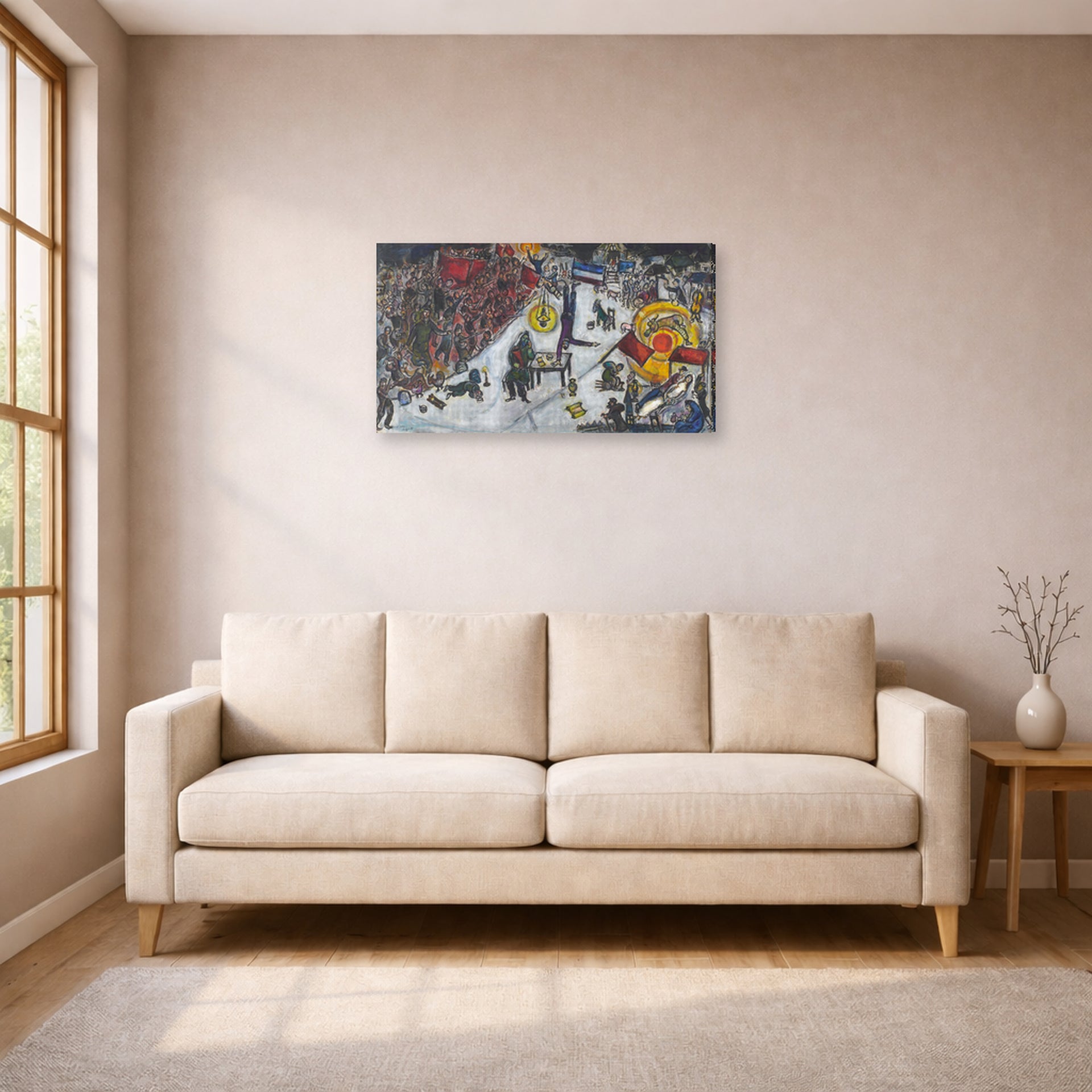 Gallery-wrapped canvas print of Marc Chagall's La Revolotion displayed on a wall in a living room