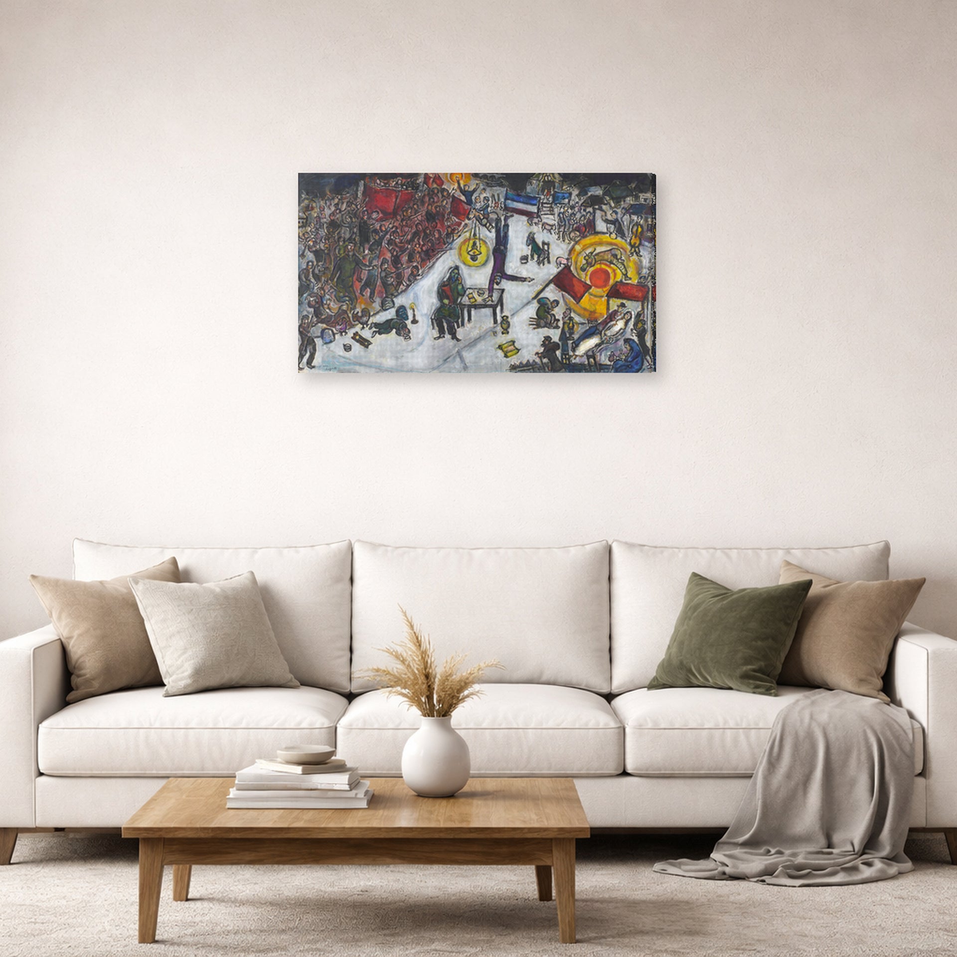 Gallery-wrapped canvas print of Marc Chagall's La Revolotion displayed on a wall in a living room