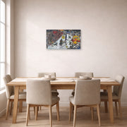 Unframed poster print of Marc Chagall's La Revolotion displayed on a wall in a dining room