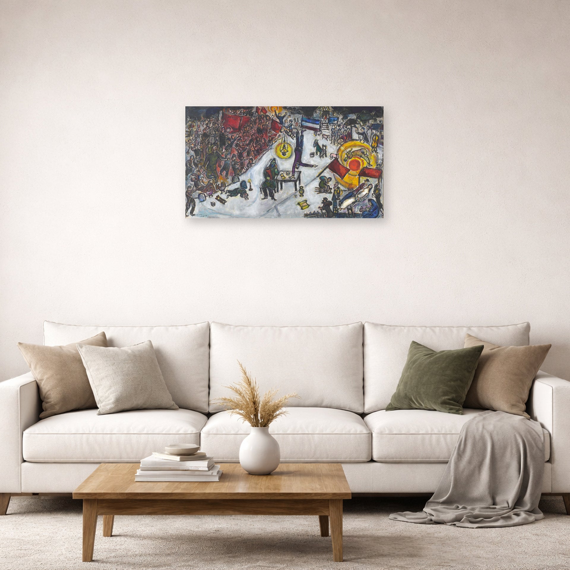 Unframed poster print of Marc Chagall's La Revolotion displayed on a wall in a living room