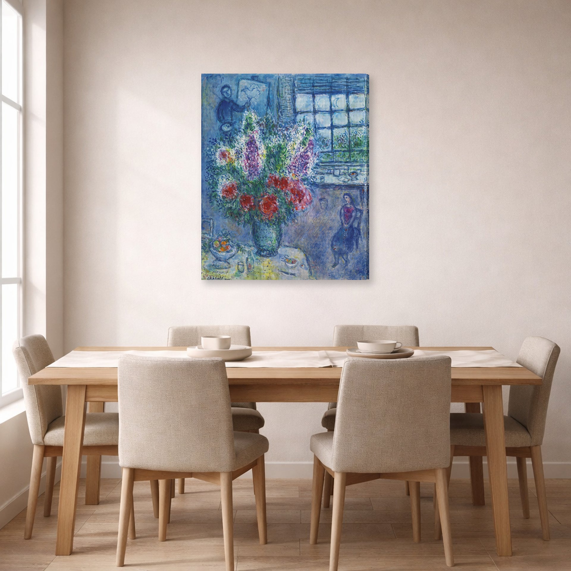 Gallery-wrapped canvas print of Marc Chagall's Latelier displayed on a wall in a dining room