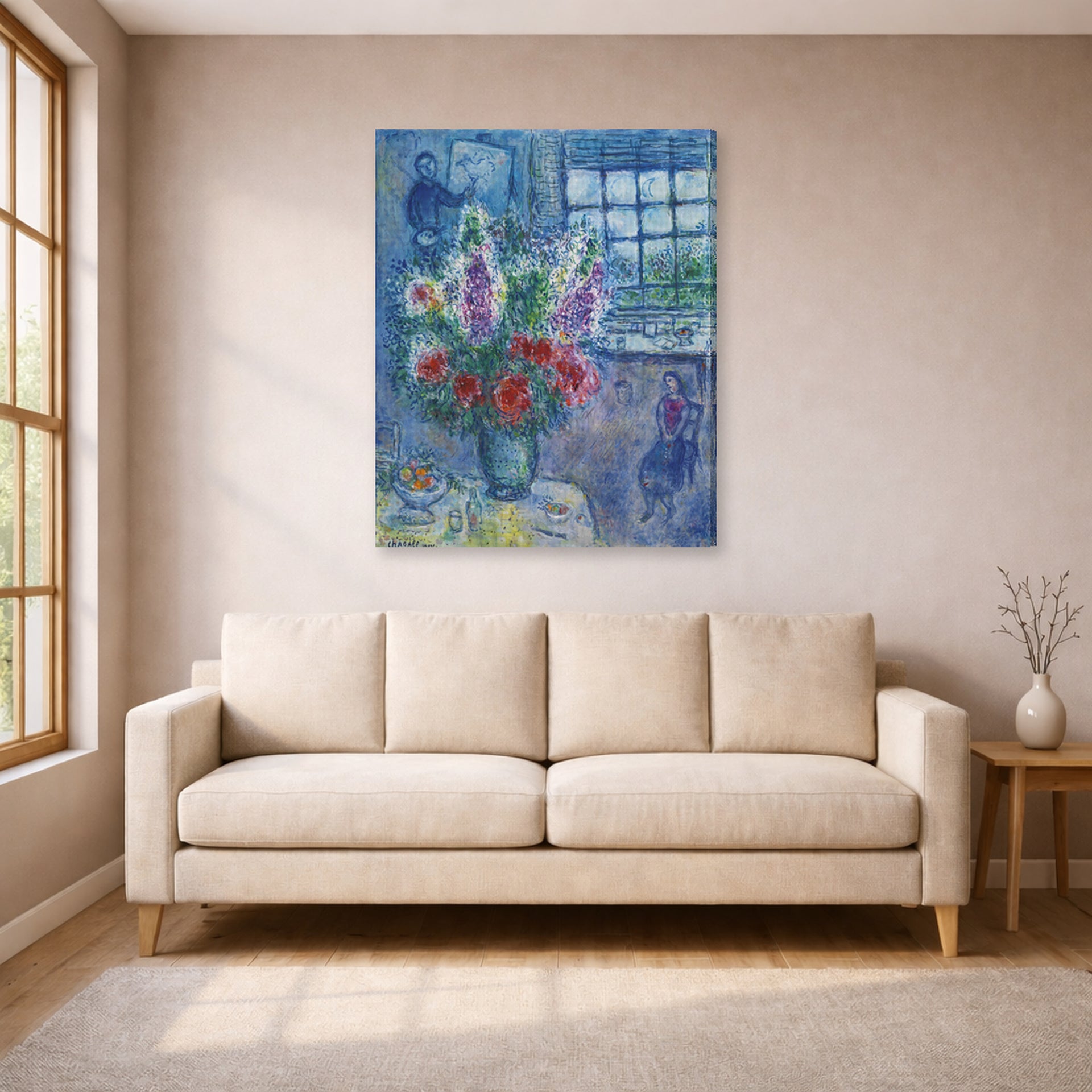 Gallery-wrapped canvas print of Marc Chagall's Latelier displayed on a wall in a living room