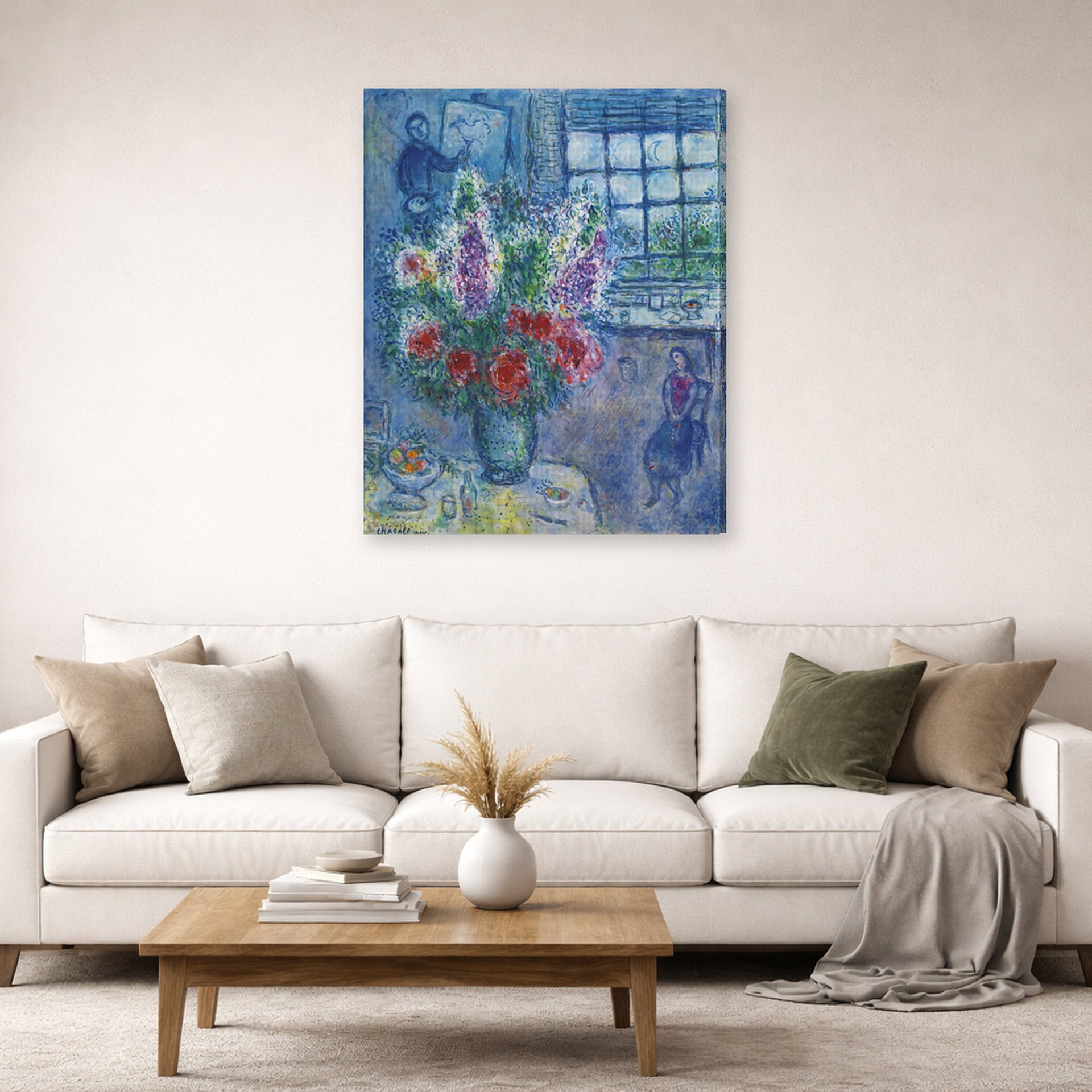 Gallery-wrapped canvas print of Marc Chagall's Latelier displayed on a wall in a living room