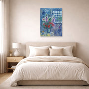 Unframed poster print of Marc Chagall's Latelier displayed on a wall in a bedroom