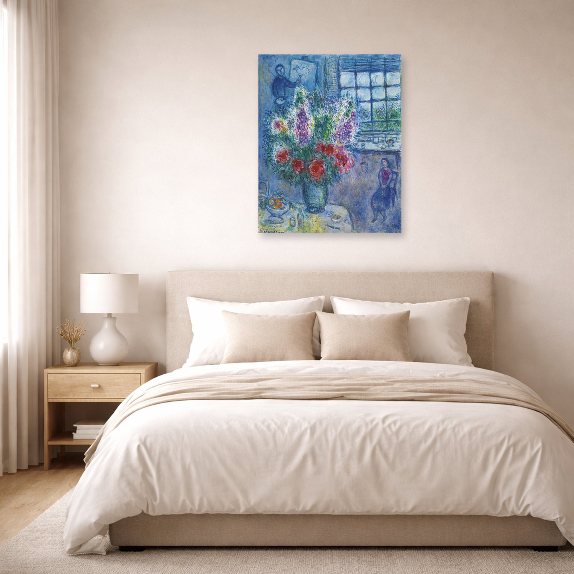 Unframed poster print of Marc Chagall's Latelier displayed on a wall in a bedroom
