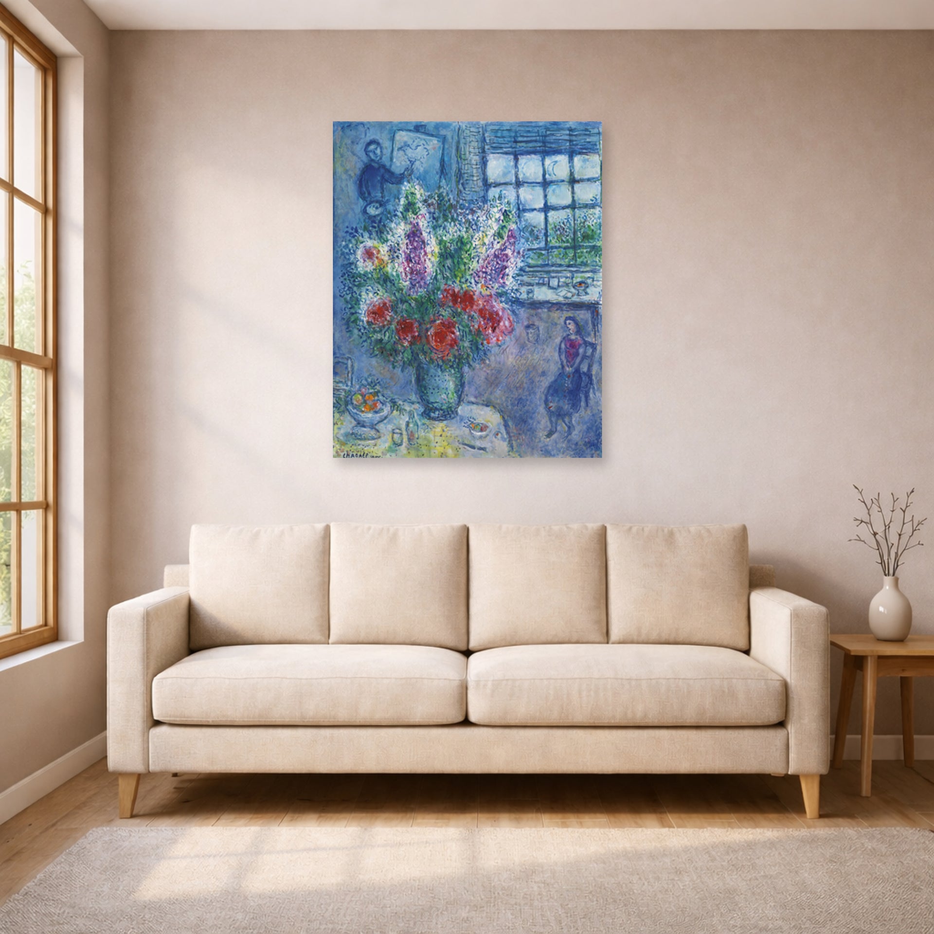 Unframed poster print of Marc Chagall's Latelier displayed on a wall in a living room