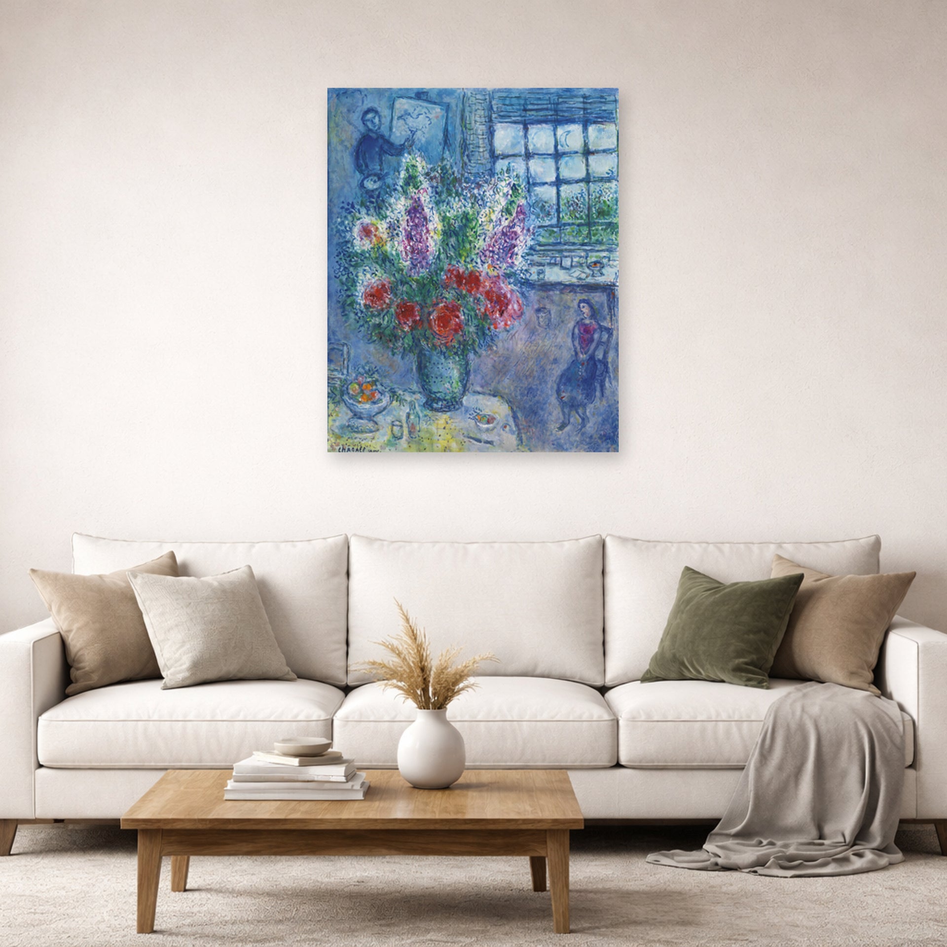 Unframed poster print of Marc Chagall's Latelier displayed on a wall in a living room