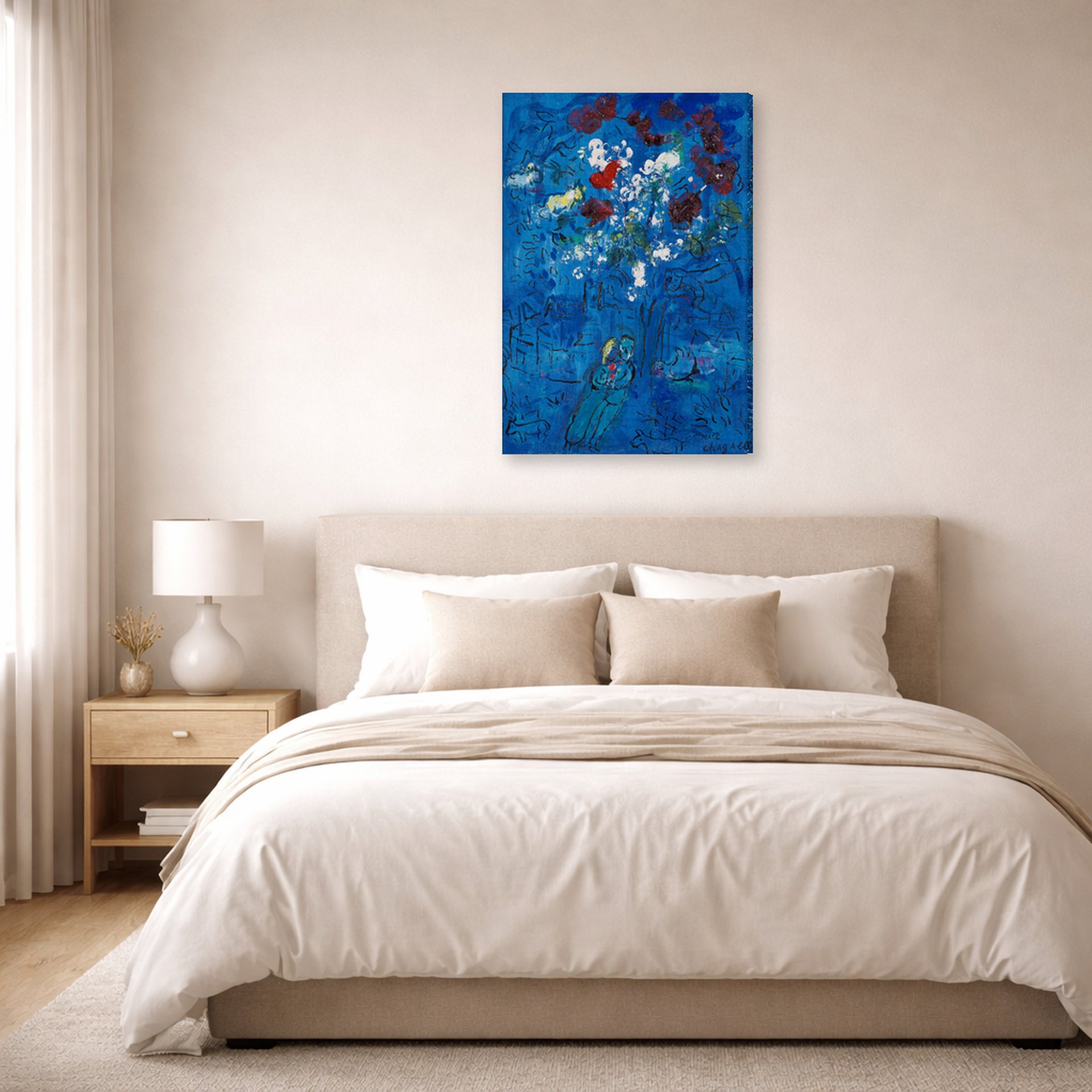 Gallery-wrapped canvas print of Marc Chagall's Le Bouquet Au Dessus De Vence displayed on a wall in a bedroom