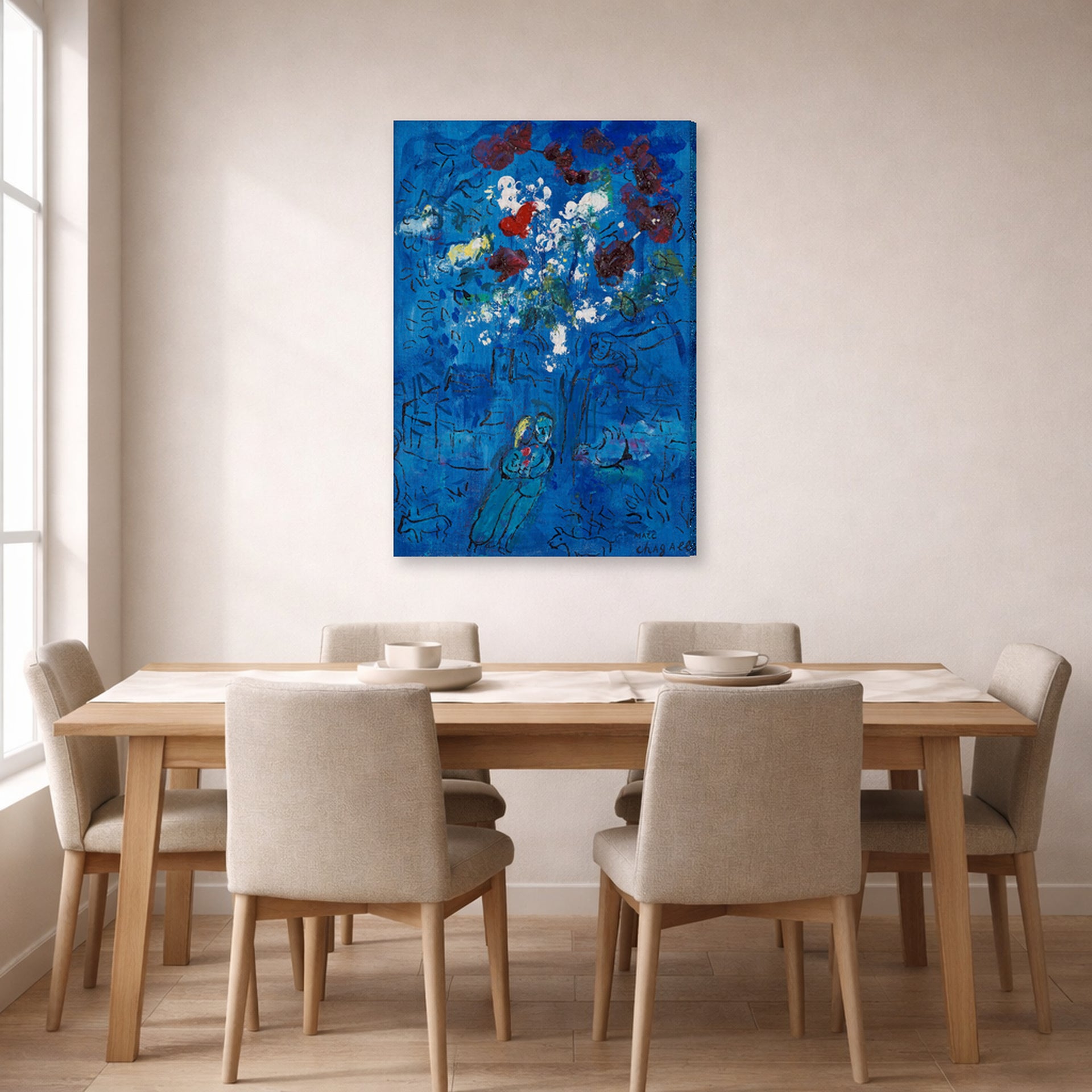 Gallery-wrapped canvas print of Marc Chagall's Le Bouquet Au Dessus De Vence displayed on a wall in a dining room