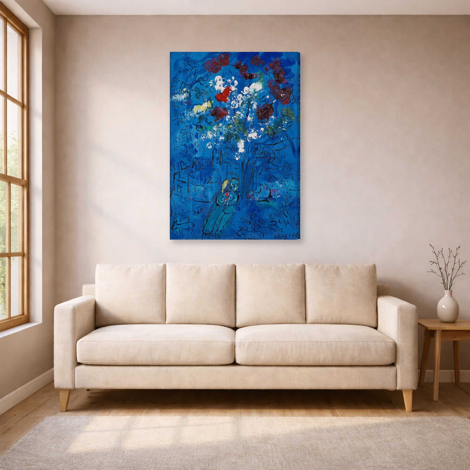 Gallery-wrapped canvas print of Marc Chagall's Le Bouquet Au Dessus De Vence displayed on a wall in a living room