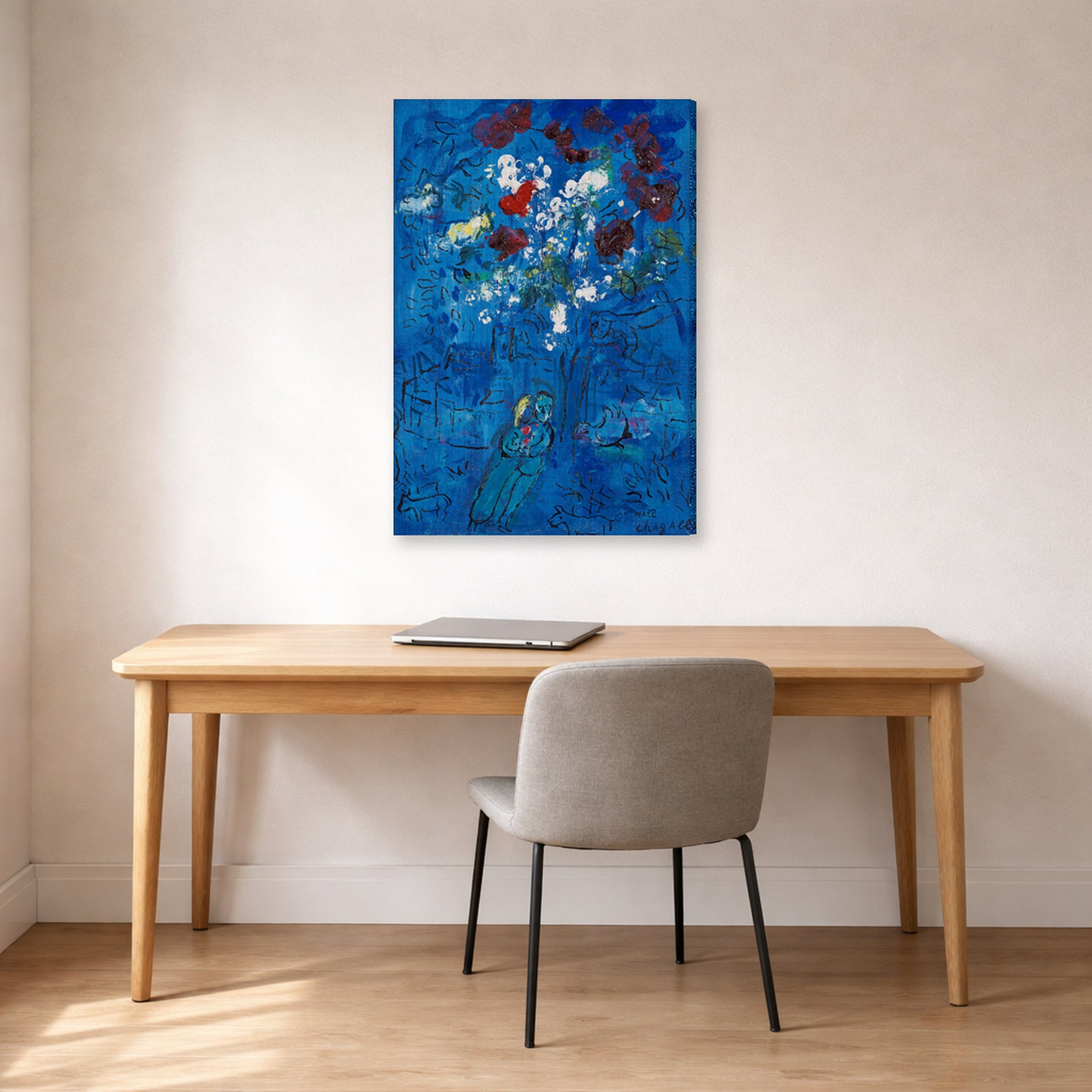 Gallery-wrapped canvas print of Marc Chagall's Le Bouquet Au Dessus De Vence displayed on a wall in an office