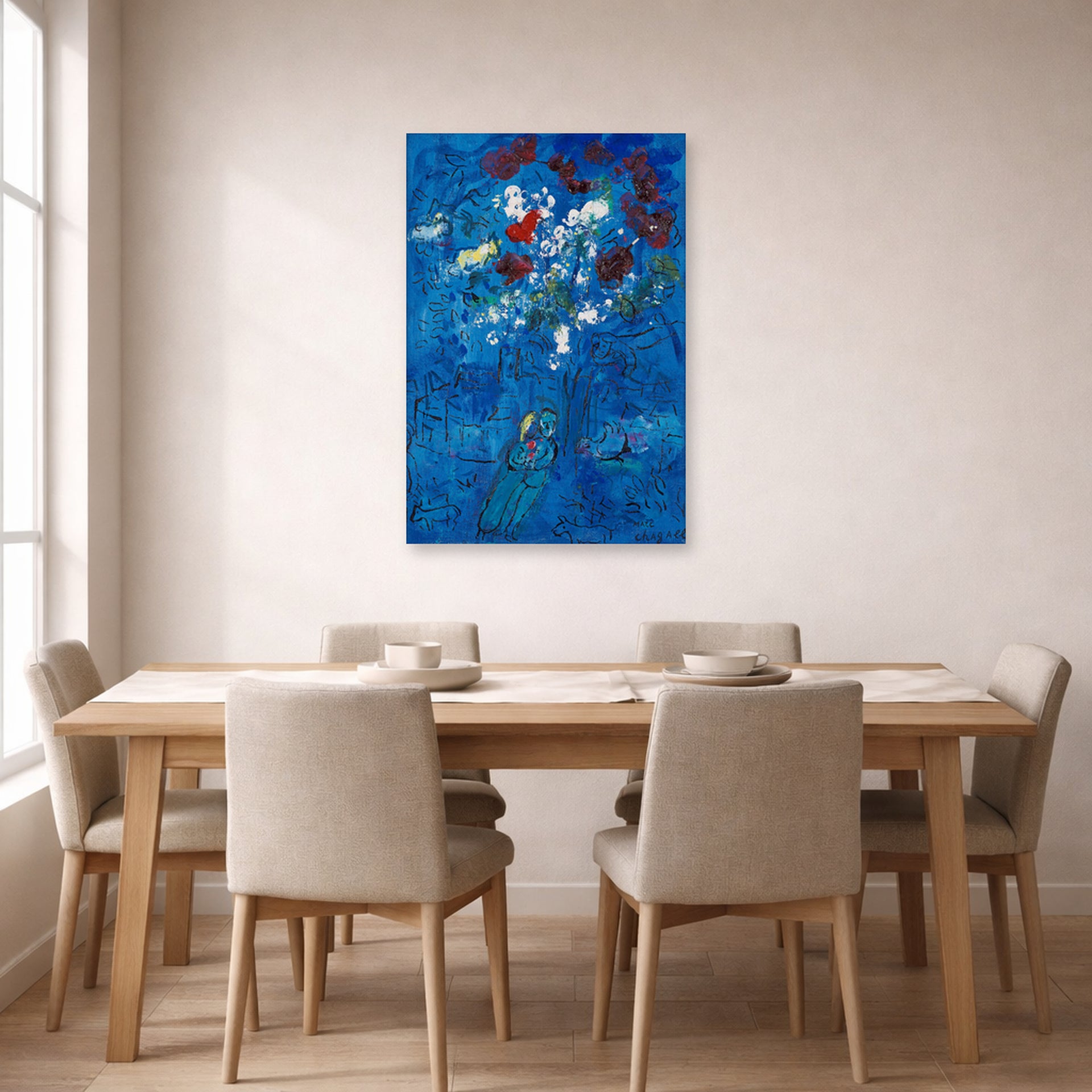 Unframed poster print of Marc Chagall's Le Bouquet Au Dessus De Vence displayed on a wall in a dining room