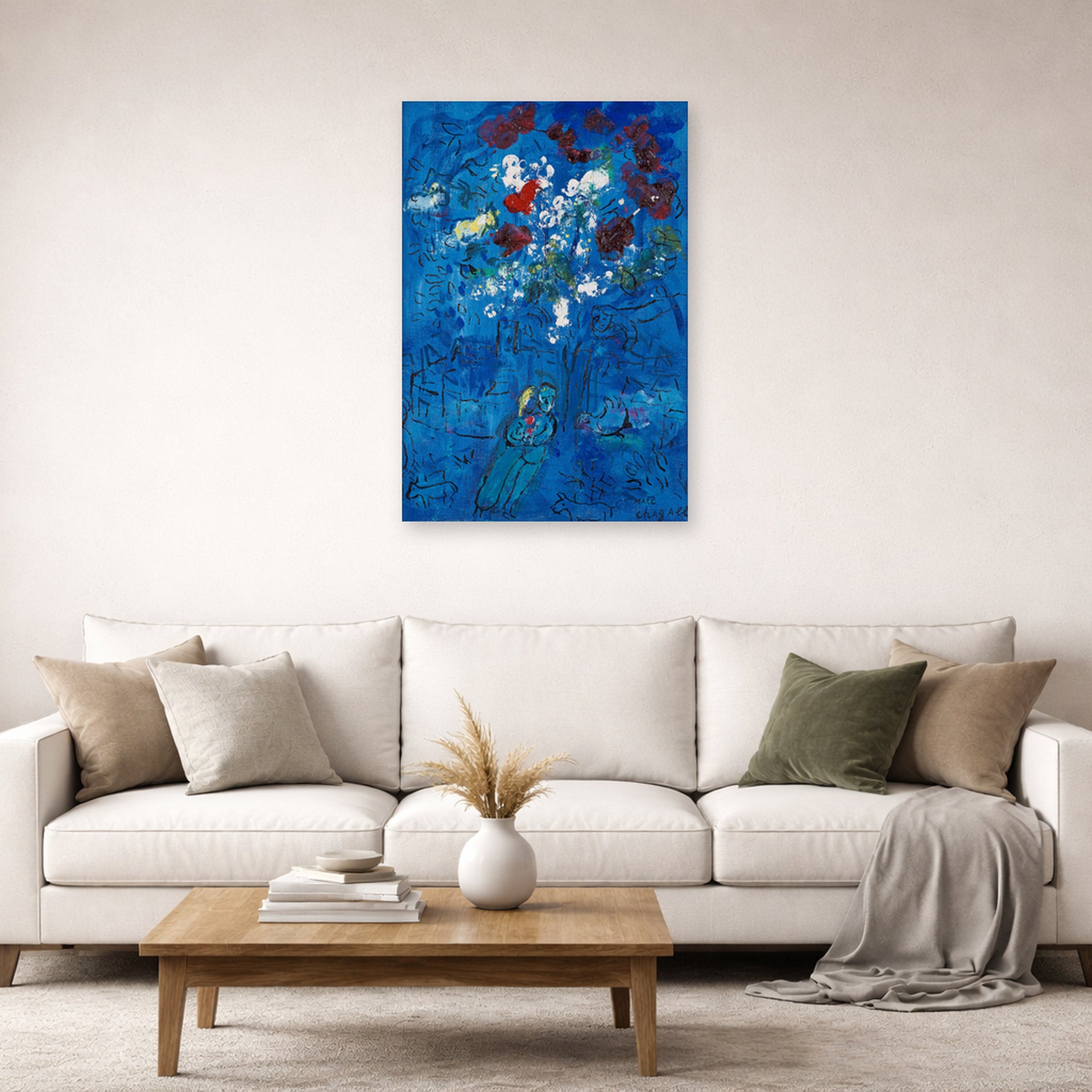 Unframed poster print of Marc Chagall's Le Bouquet Au Dessus De Vence displayed on a wall in a living room