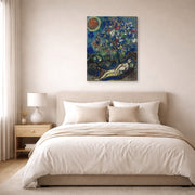 Gallery-wrapped canvas print of Marc Chagall's Le Bouquet D'Amour displayed on a wall in a bedroom