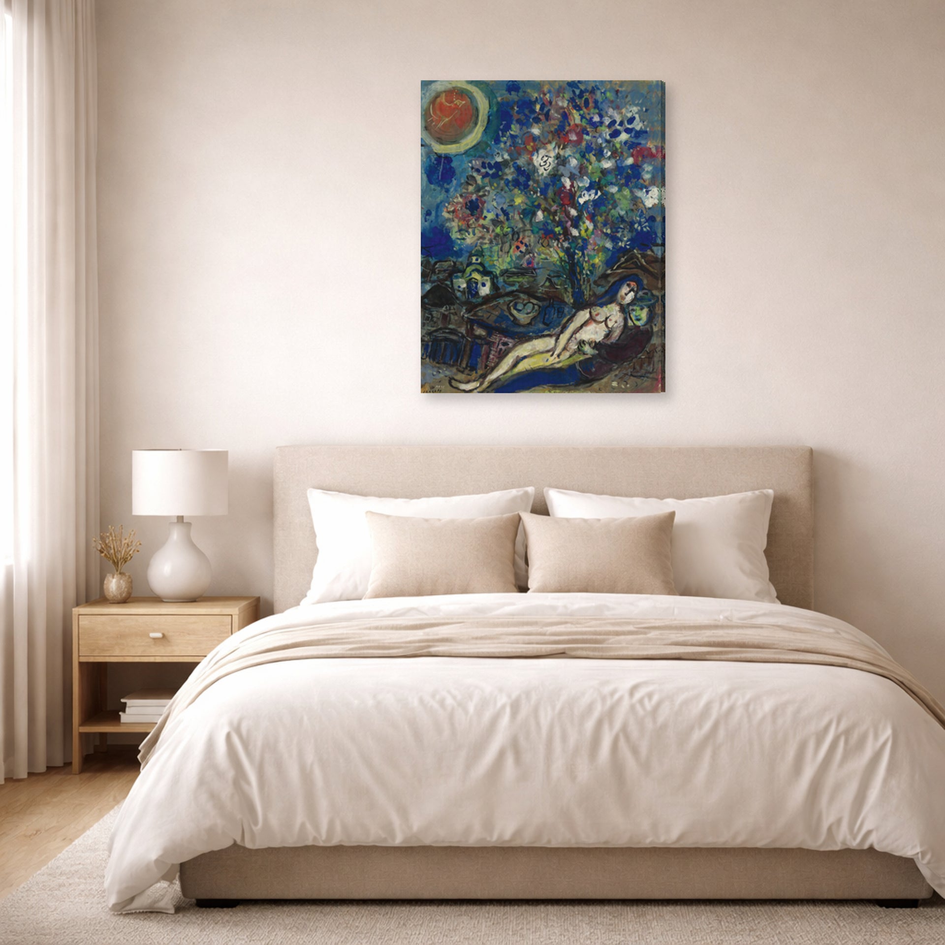 Gallery-wrapped canvas print of Marc Chagall's Le Bouquet D'Amour displayed on a wall in a bedroom