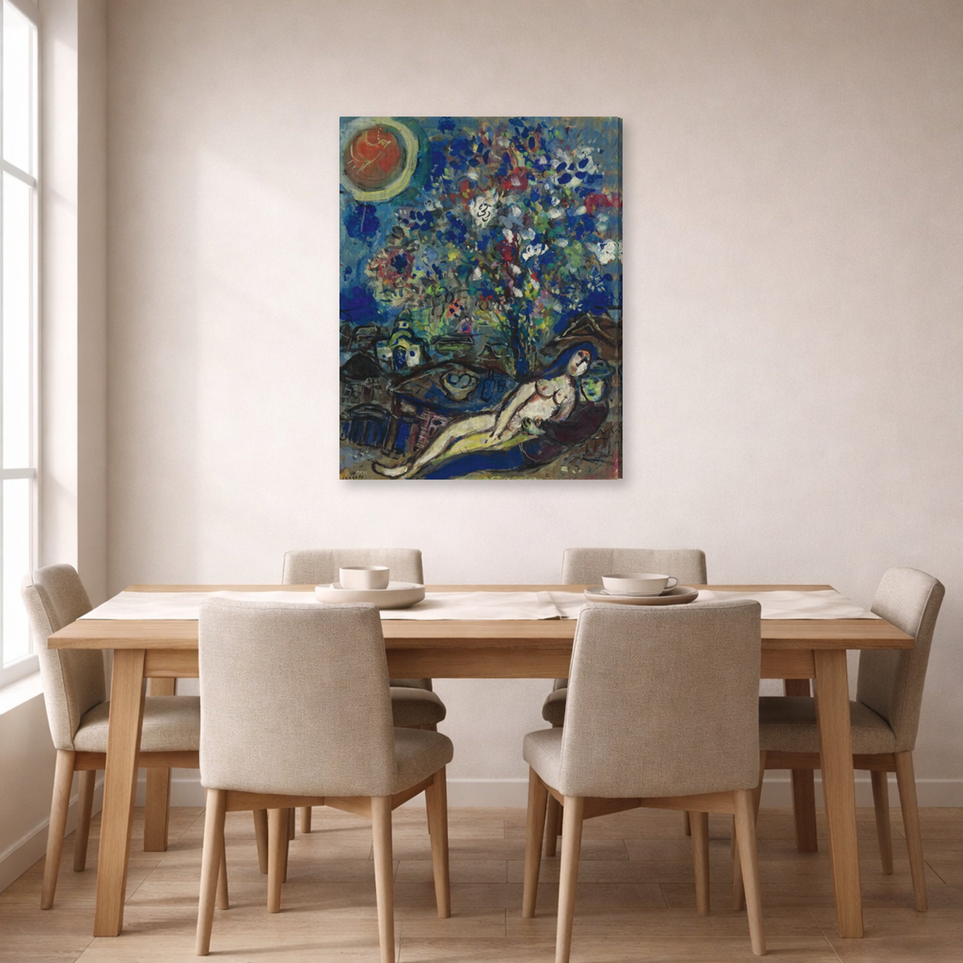 Gallery-wrapped canvas print of Marc Chagall's Le Bouquet D'Amour displayed on a wall in a dining room