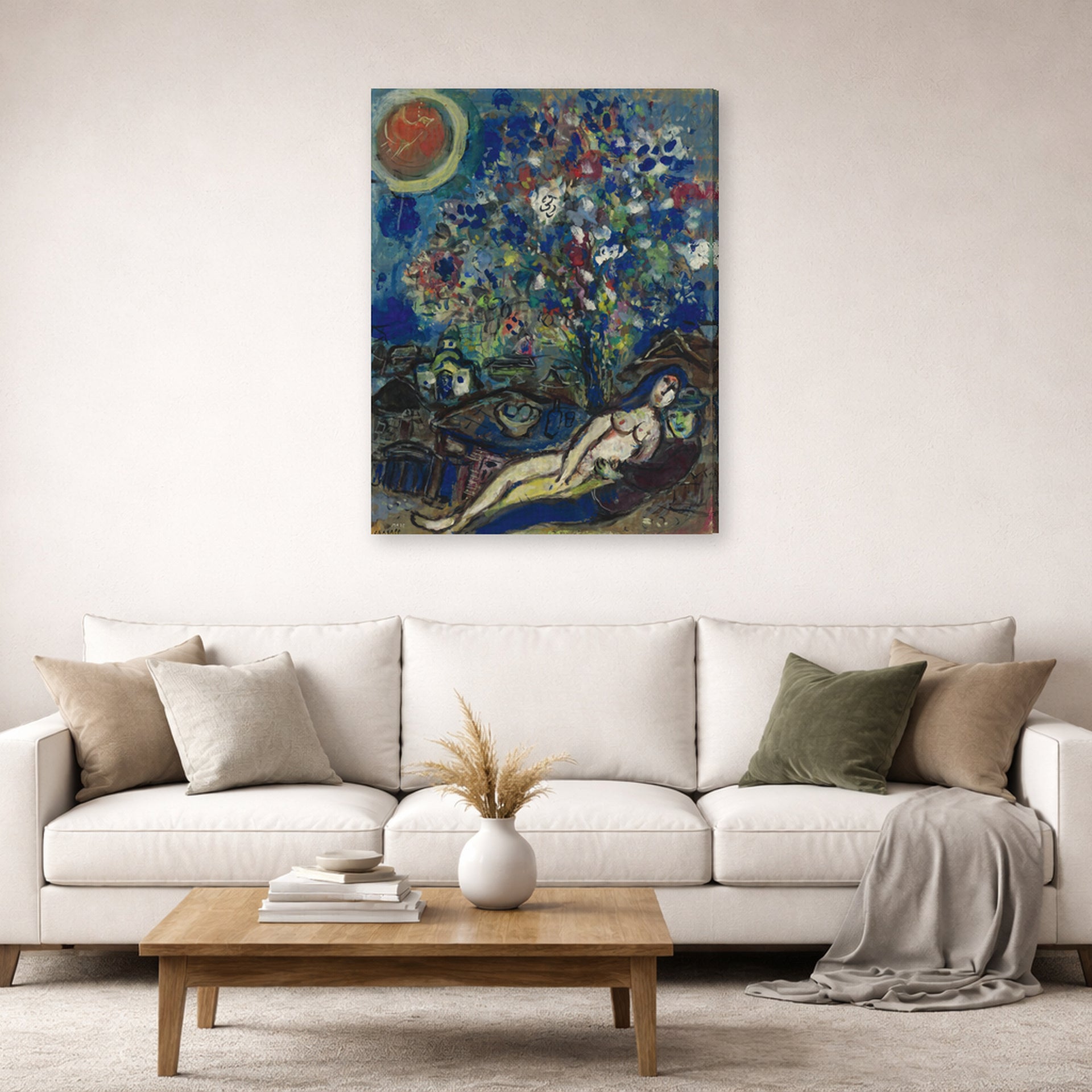 Gallery-wrapped canvas print of Marc Chagall's Le Bouquet D'Amour displayed on a wall in a living room